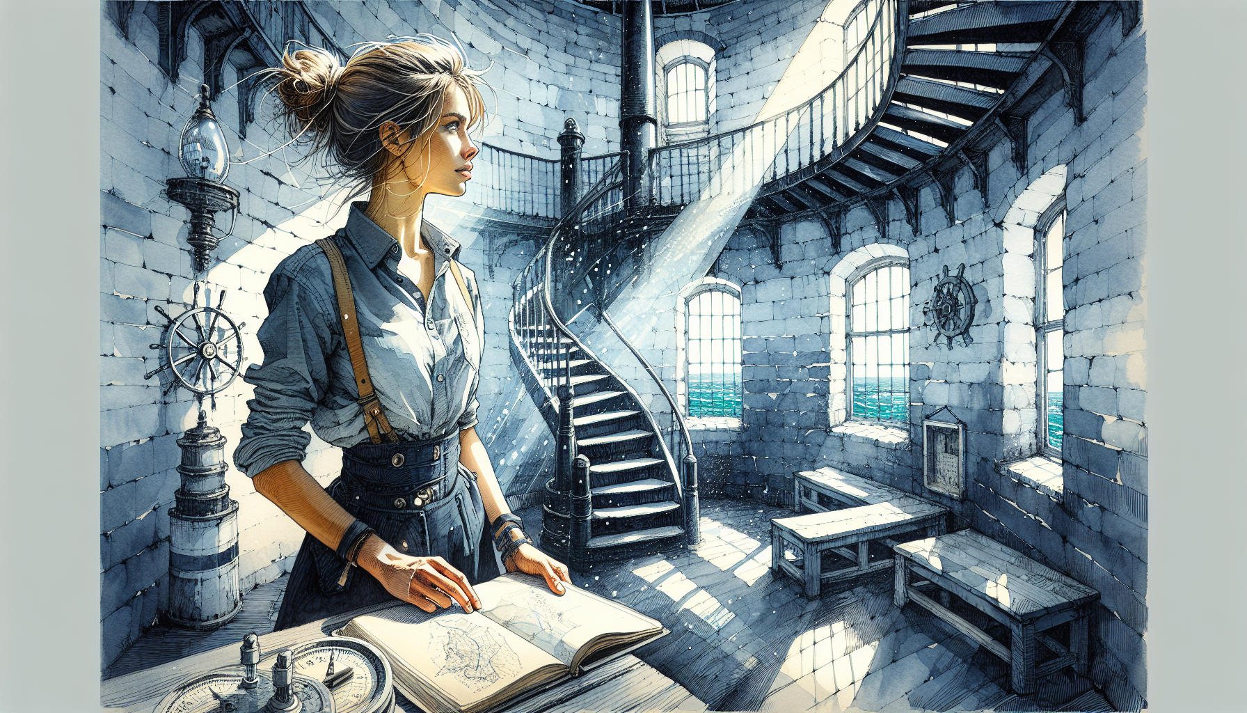 Aria examines an old logbook in a dusty lighthouse, discovering a promising message.