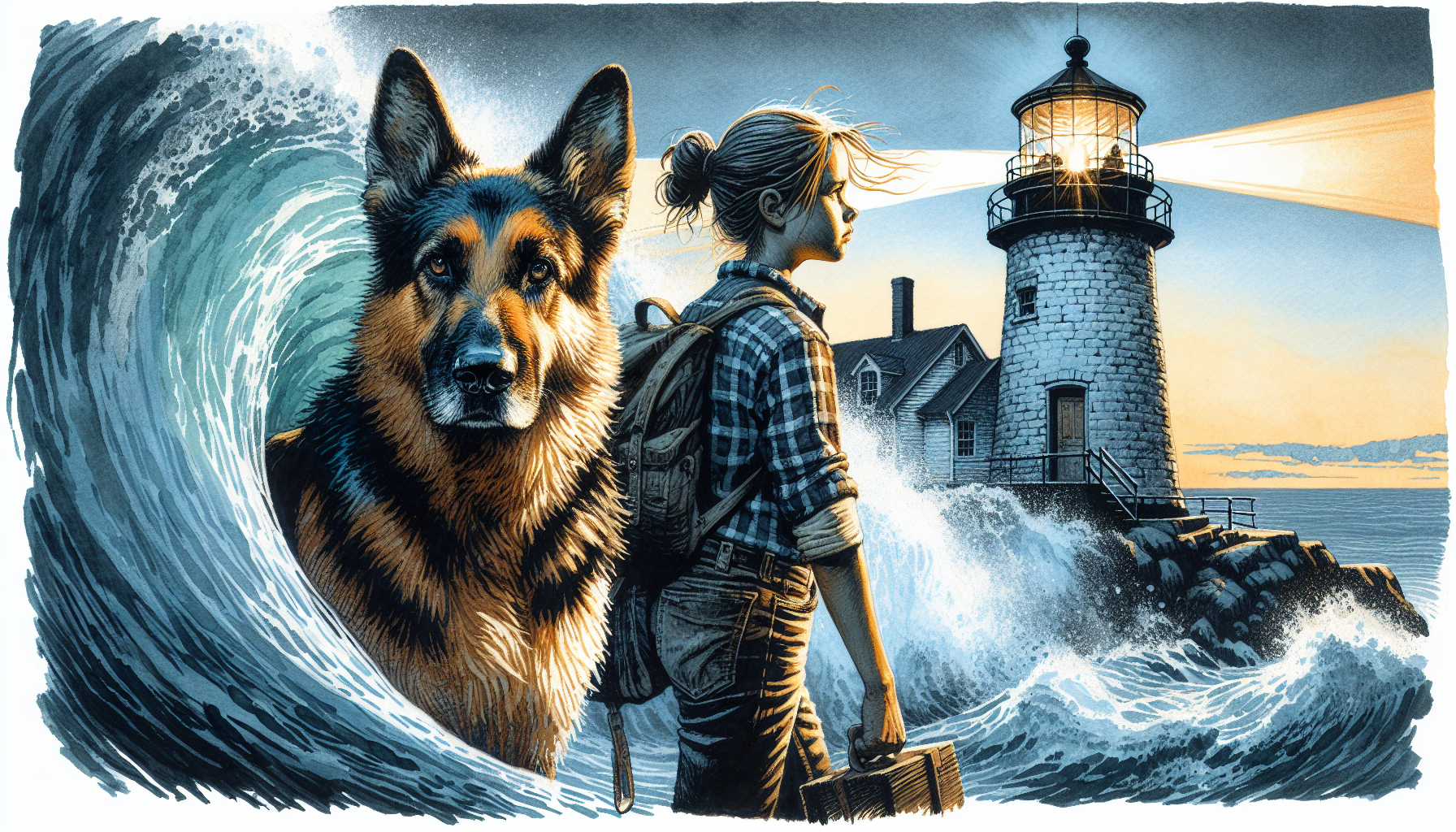 Aria and Beacon stand at the lighthouse top during sunset, hopeful for new beginnings.