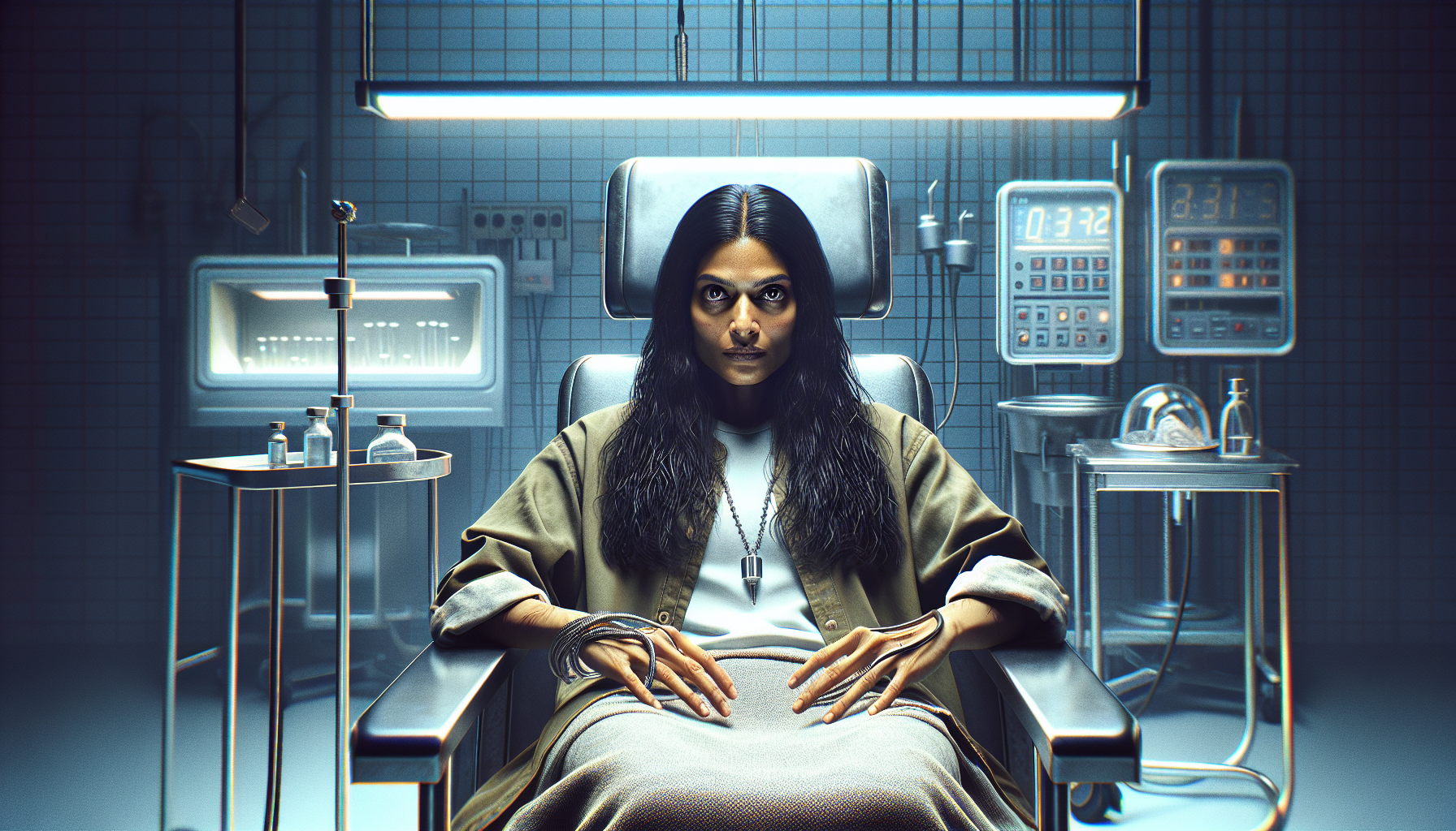 Elara, anxious and tense, lies in a clinical chair amidst the humming noise of the memory extraction machine.