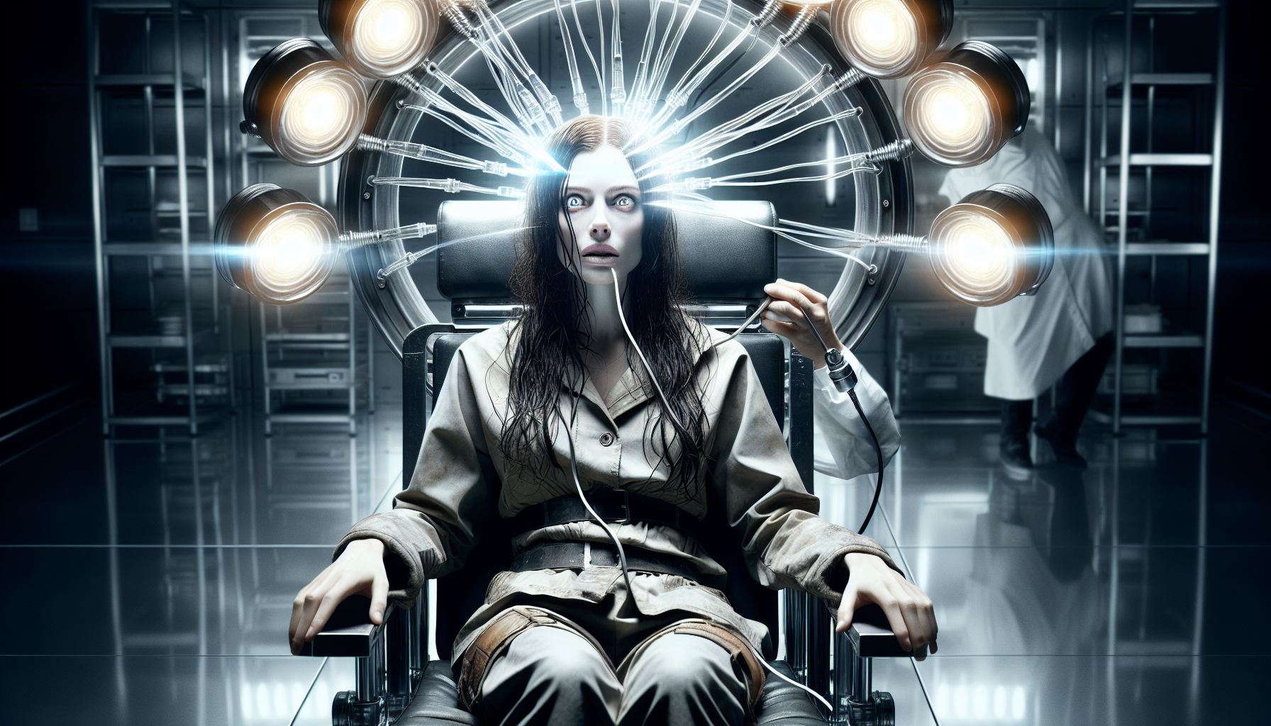 Pained expression on Elara's face as the memory extraction machine is activated by a detached technician.