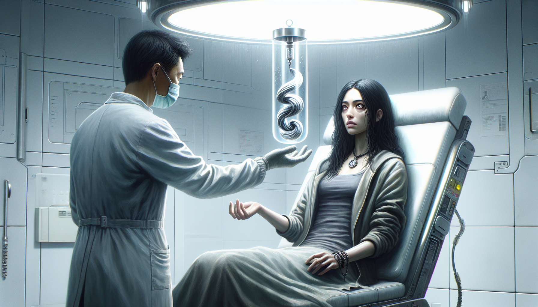 In a brightly lit memory extraction room, Elara receives a vial containing a swirling, silvery liquid.