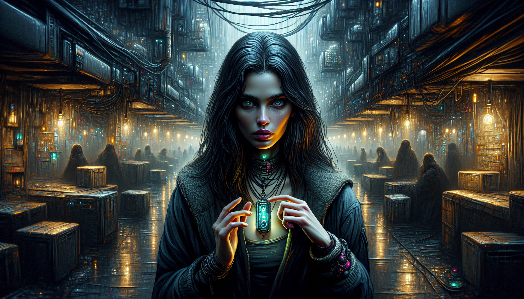 Elara walks through a dim, graffiti-marked corridor crowded with desperate individuals in the Underground Memory Market.