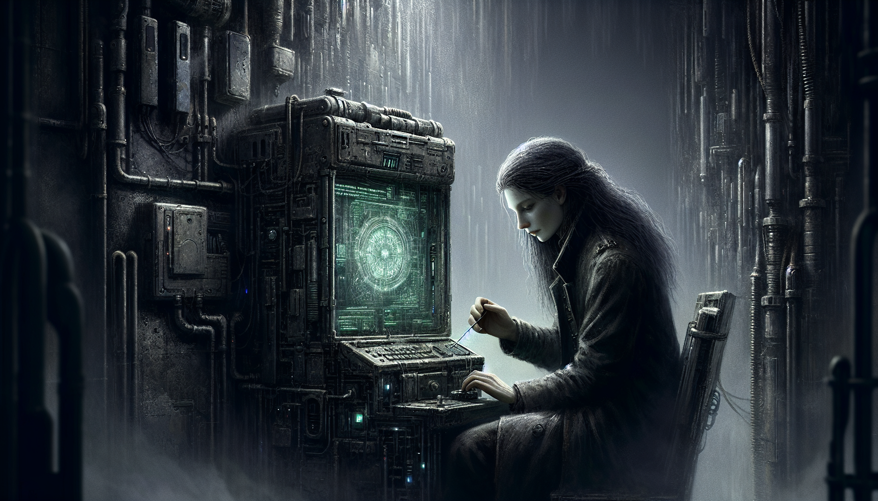 Elara activates an ancient data terminal with a key, illuminating the dark alcove with data and images.