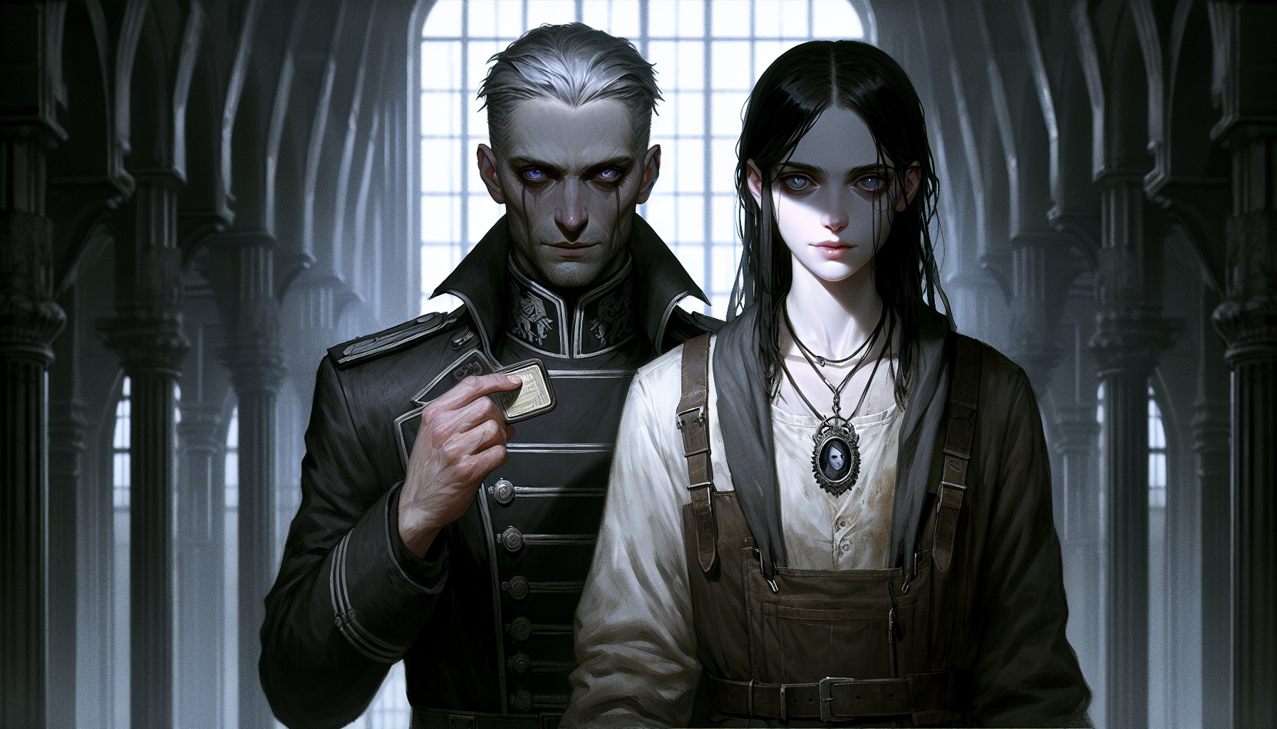 In the Regime's shadowy atrium, the masked Leader reveals a face similar to Elara's, showing a family connection.