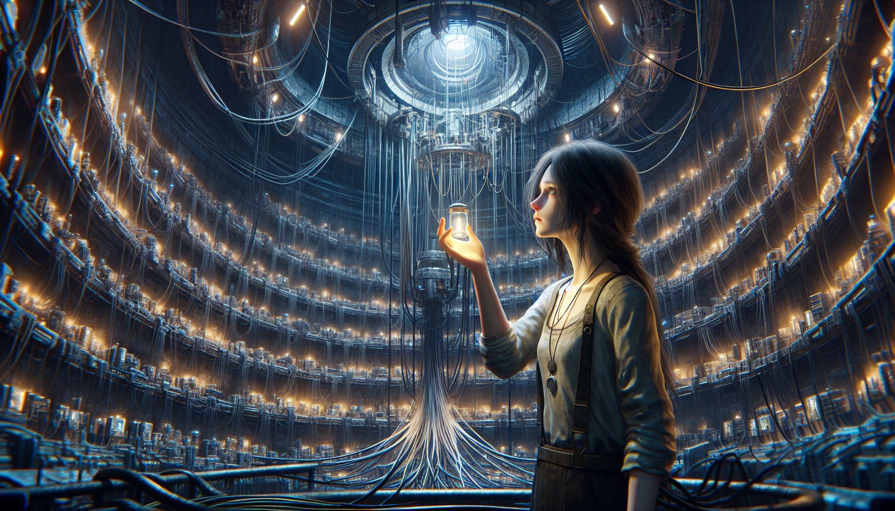 Elara discovers the Archivist suspended in a web of wires in a dimly lit room, a scene of technological entrapment.