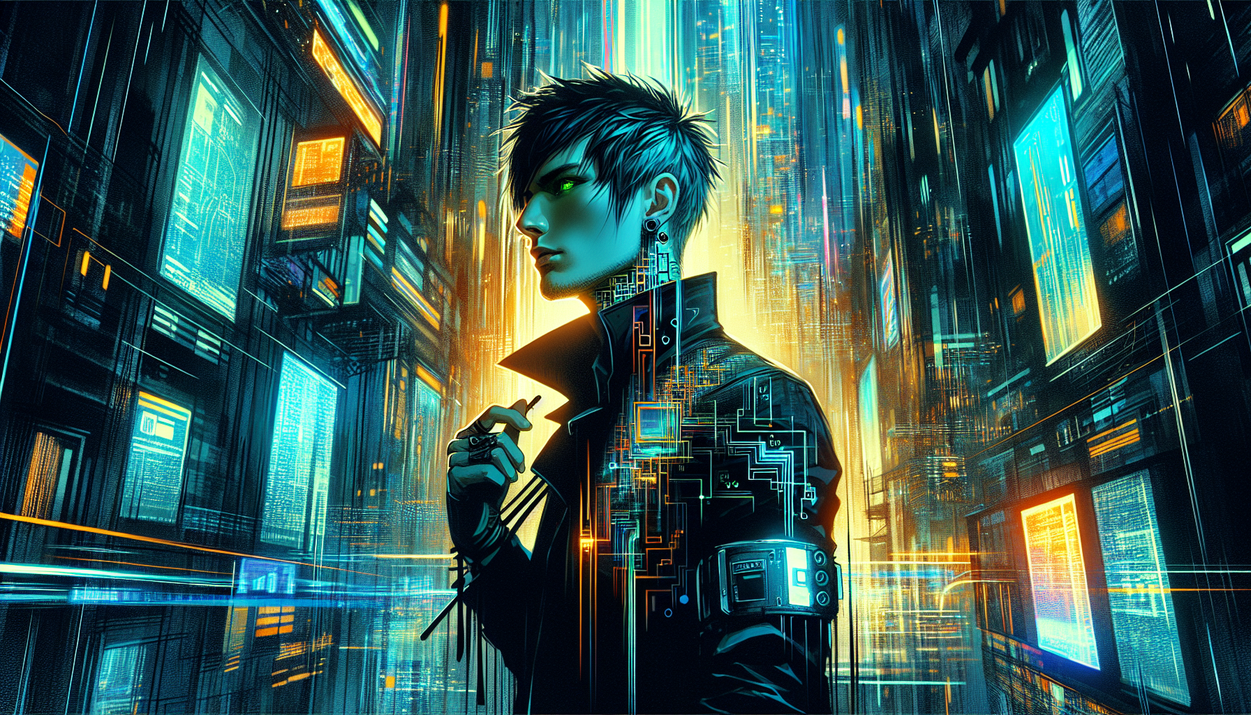 Zane navigating through crowds in a neon-lit virtual metropolis, surrounded by towering data structures.