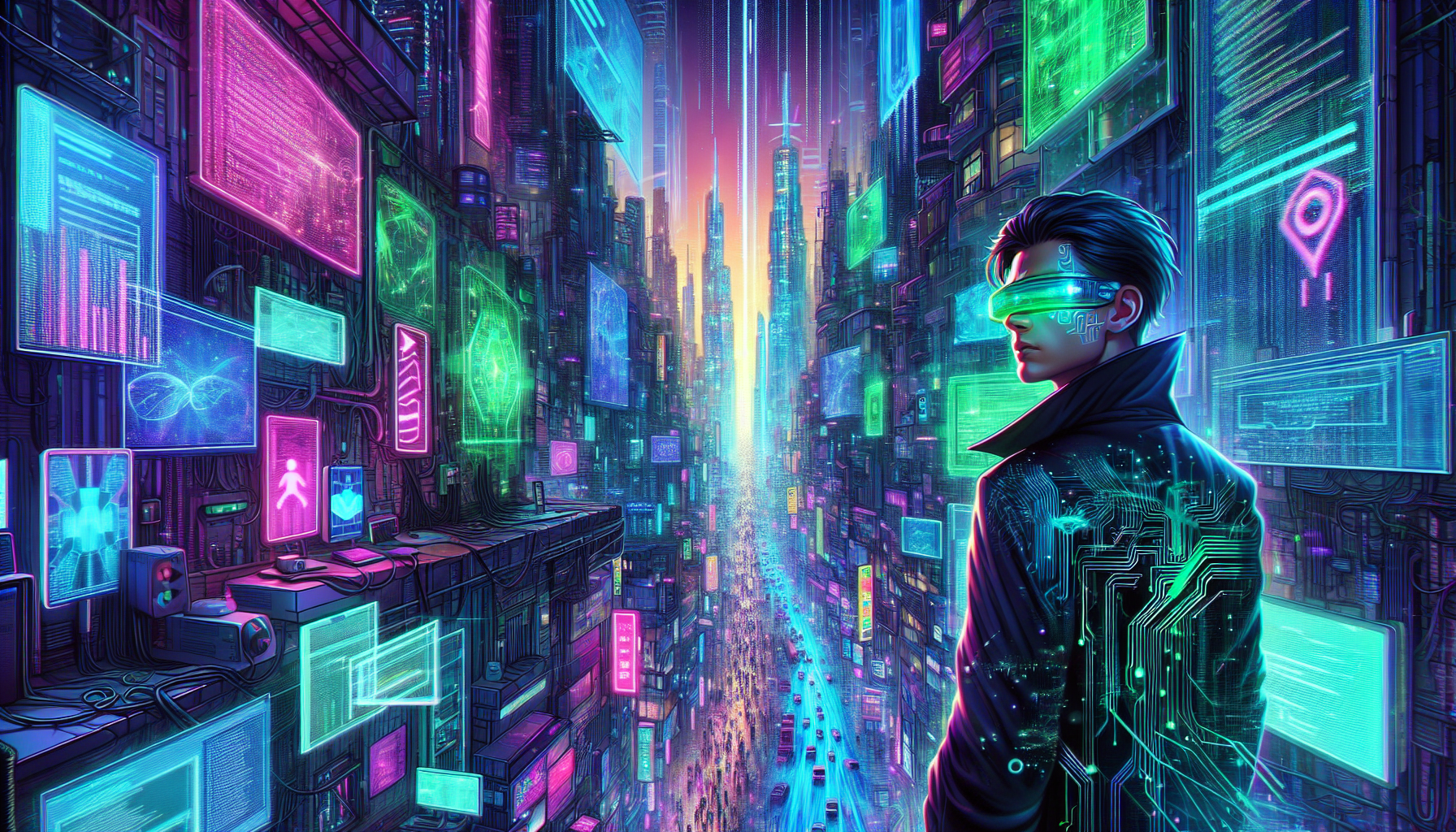 A translucent specter absorbing memory from a pedestrian as Zane watches in the neon-lit virtual metropolis.