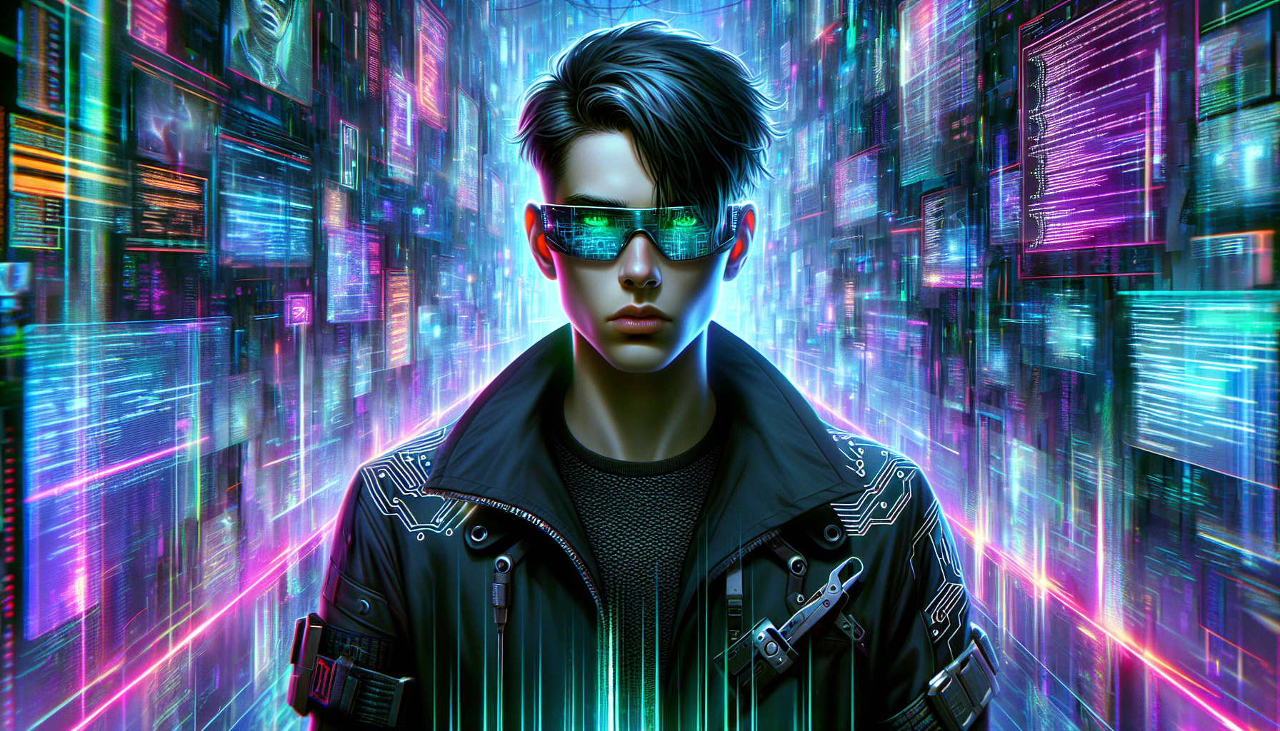 Zane in a dimly lit alleyway with flickering neon signs, ready to confront the digital dangers that lurk.