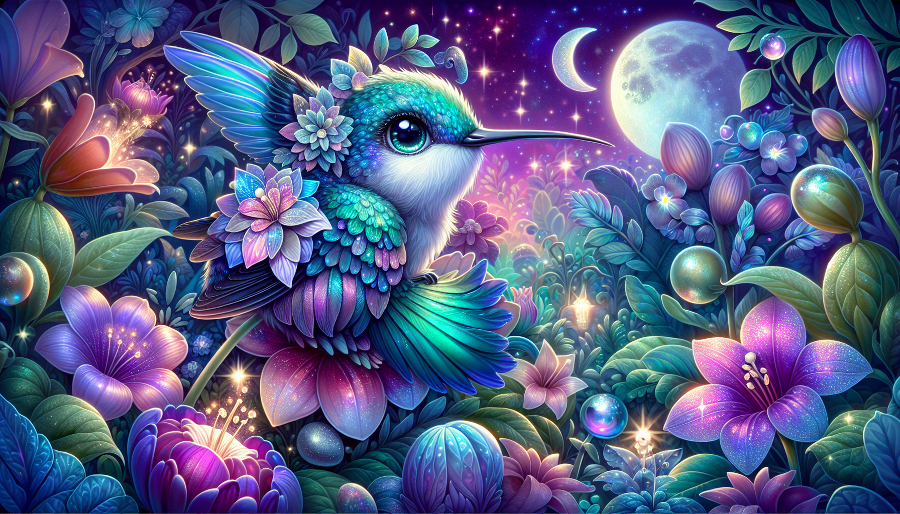 Lumi perched near the fading moonflower in the enchanted garden.