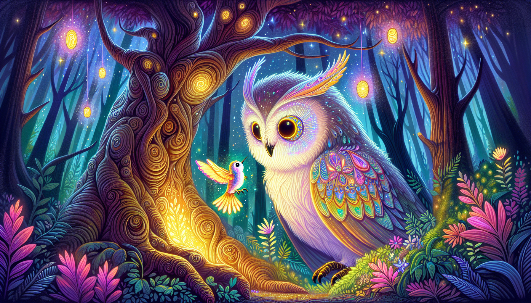 The Owl Sage tells Lumi about the magical Dew of Dawn in the forest.