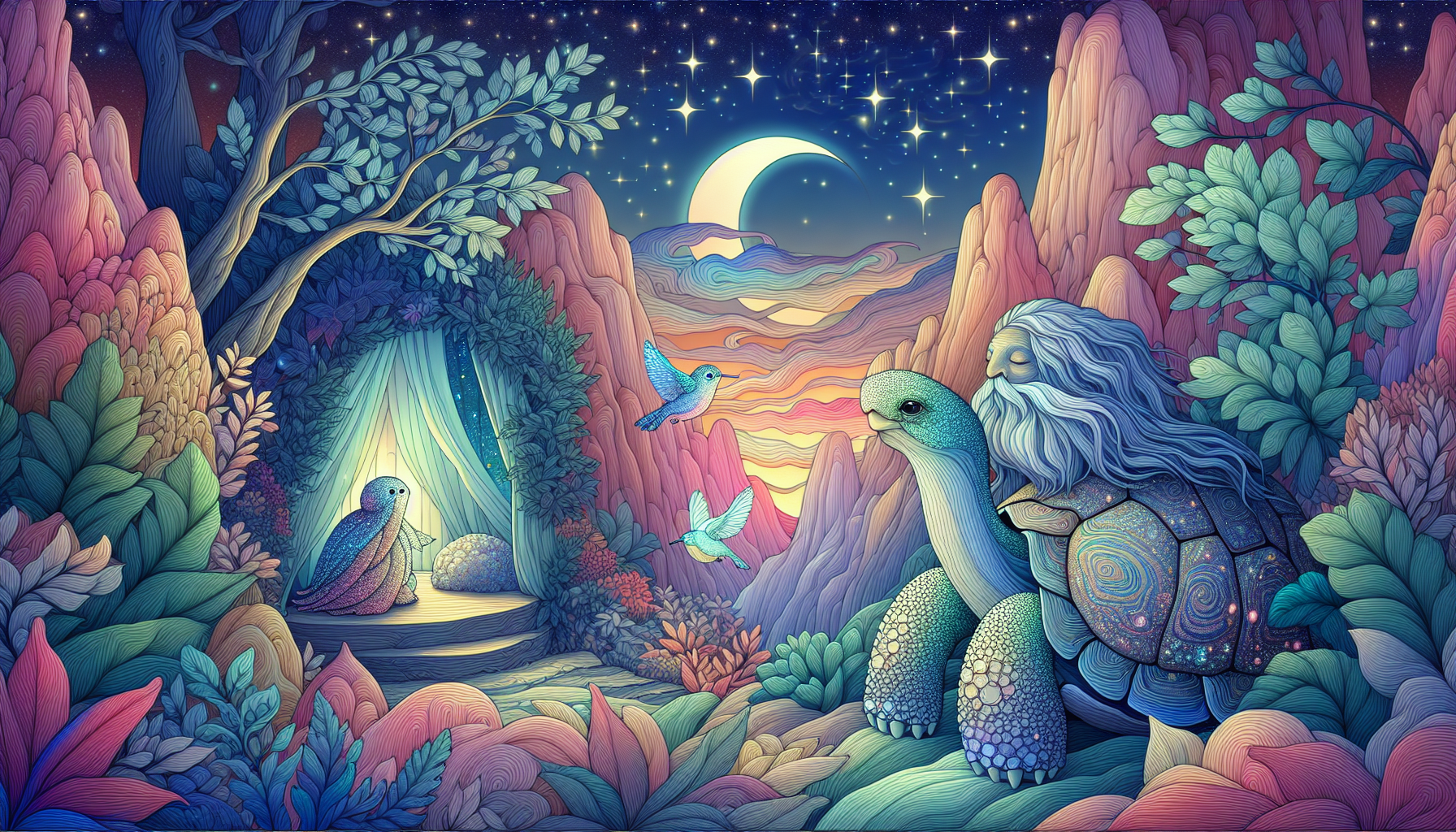 Sage shares mountain magic tales with Lumi and Ember in a cave.