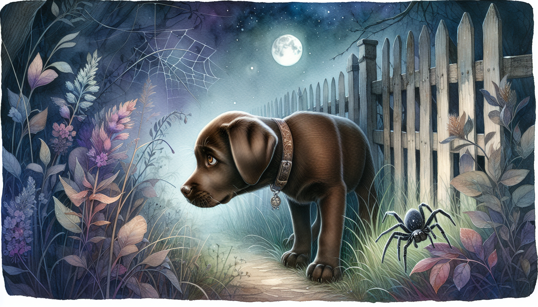 Chocolate the puppy and Widow the spider sensing a magical scent at the overgrown fence.