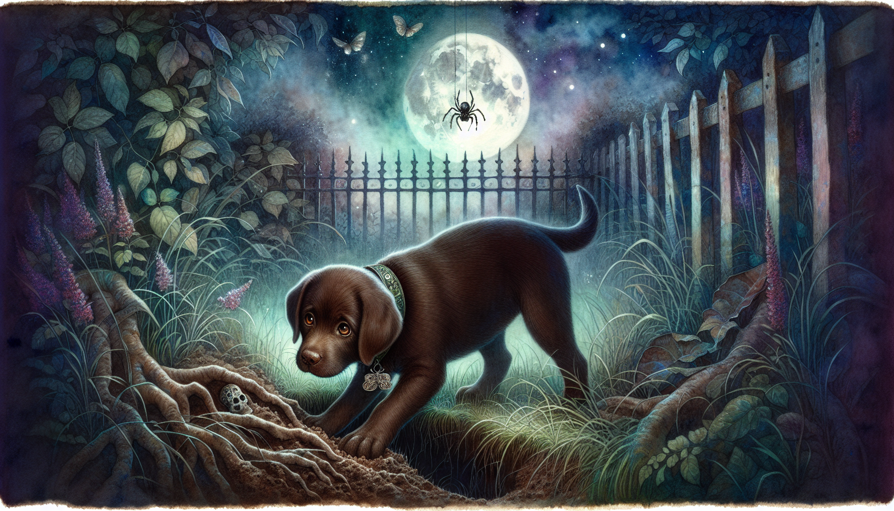 Chocolate the puppy digging a tunnel under a fence while Widow the spider observes.