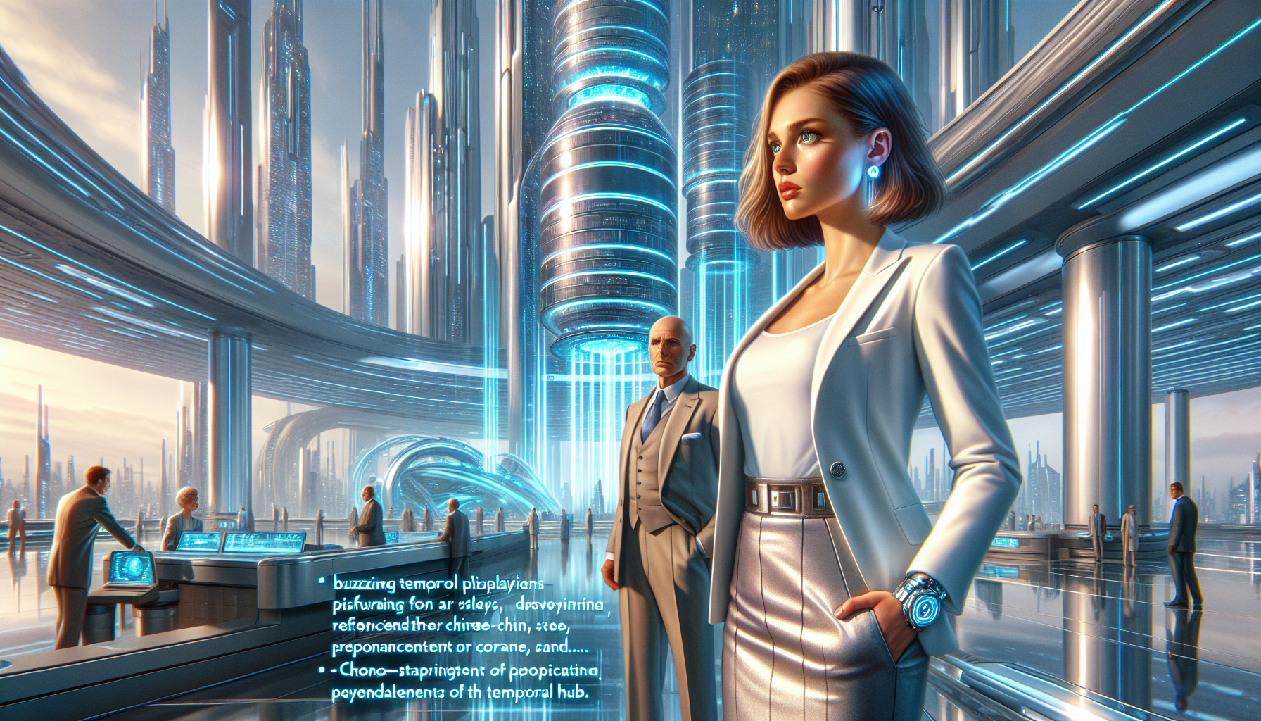 Zara reassures a nervous client before entering the Temporal Displacement Chamber in the Hub.