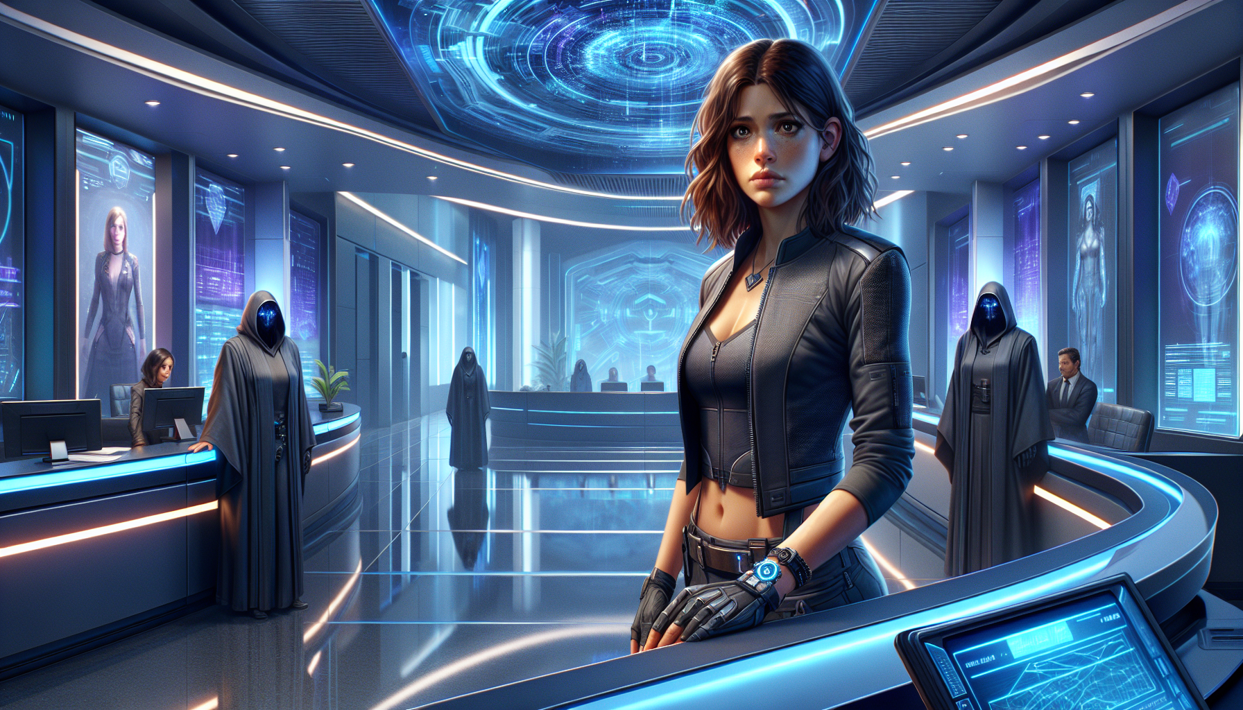 A hooded figure resembling an older Zara confronts her in the Hub's reception area.