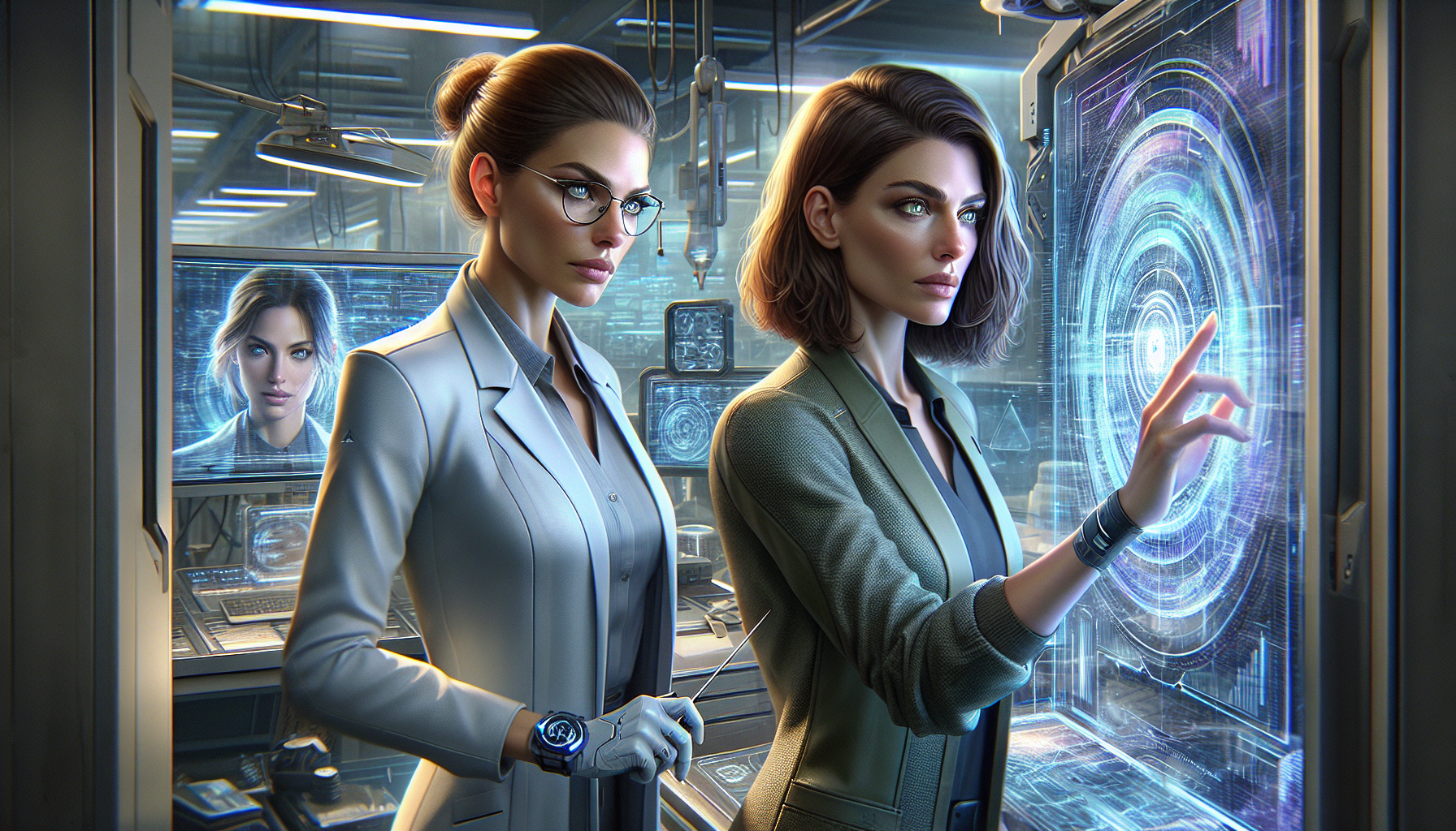 Zara looks distraught while examining a holographic model in Dr. Eliana Voss's lab.