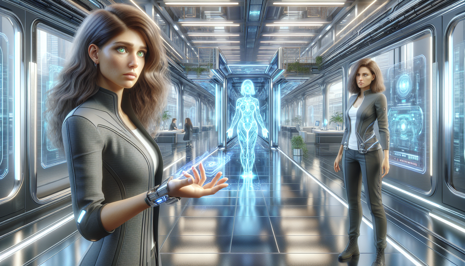 Future Zara, hooded and cloaked, speaks urgently to her younger self at the Hub.