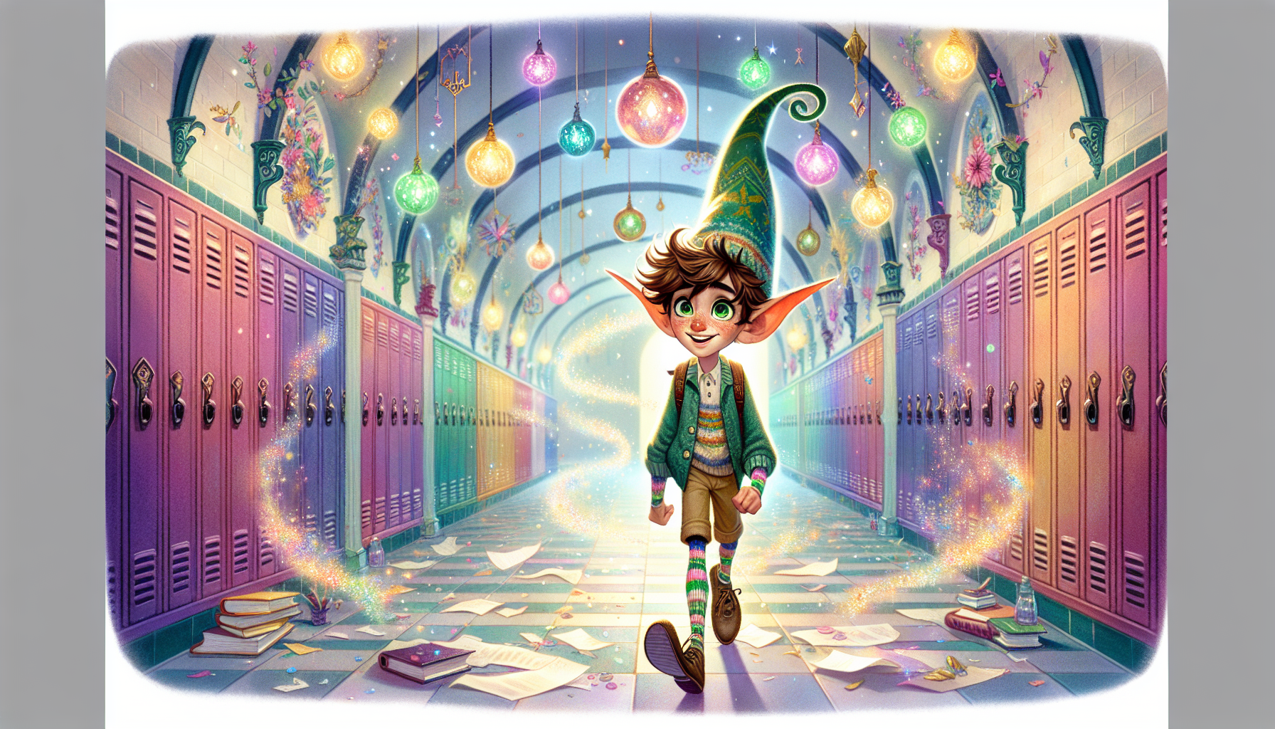 Eliot the Elf walking in the school hallway, his colorful hat changing hues and socks sparkling with each step.