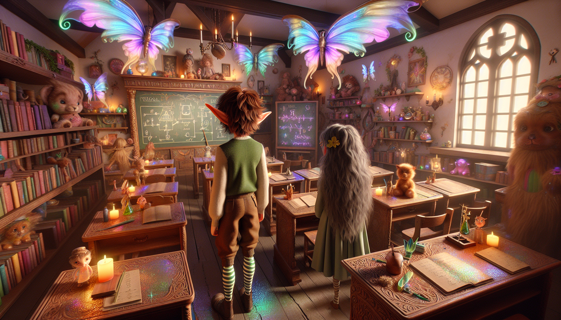 Eliot tumbles into the classroom covered in glitter, greeted by Fiona's fluttering wings and Rupert's eager stance.