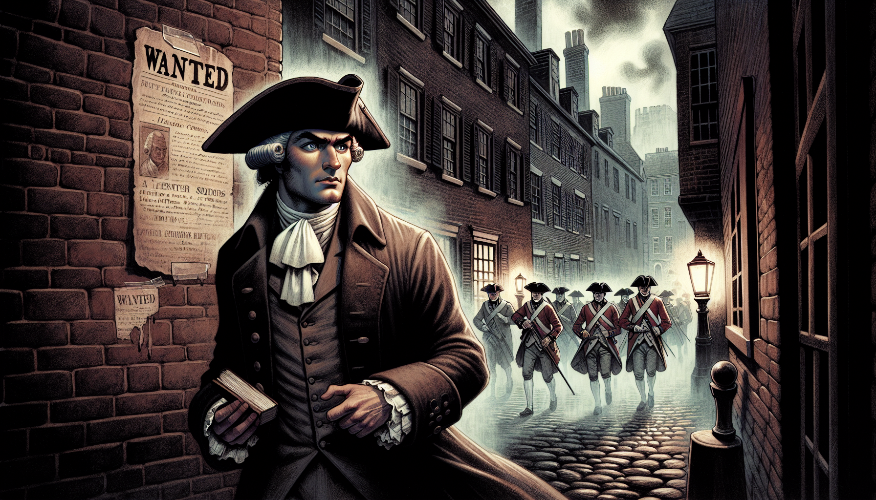 Benjamin Hale rushes through smoky streets of Boston, face hidden under a tricorn hat