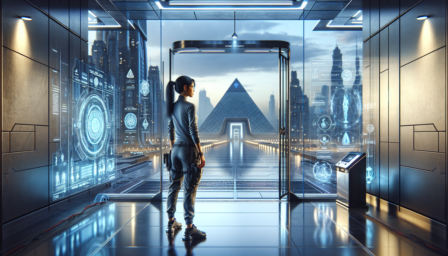 Dr. Amelia Chen stands in front of the Cairo Advanced Research Institute, holding her pendant.