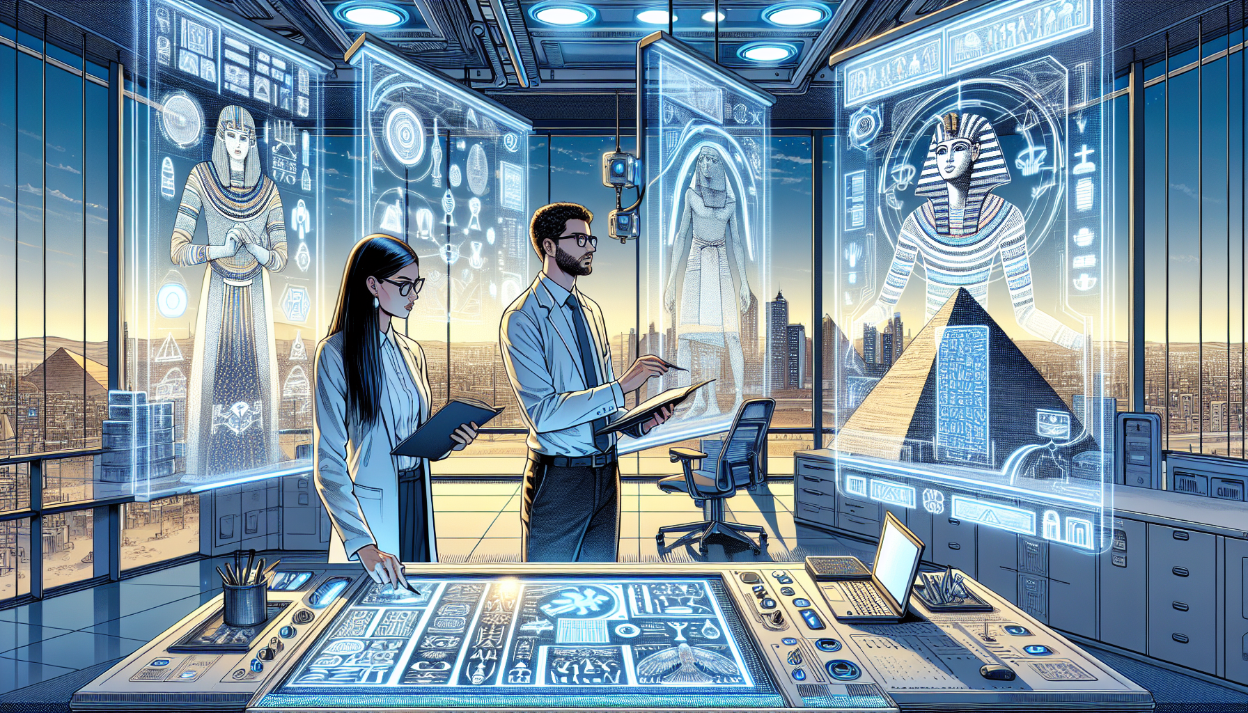 Dr. Chen and Dr. Farooq analyze an ancient text deciphered by ANUBIS.