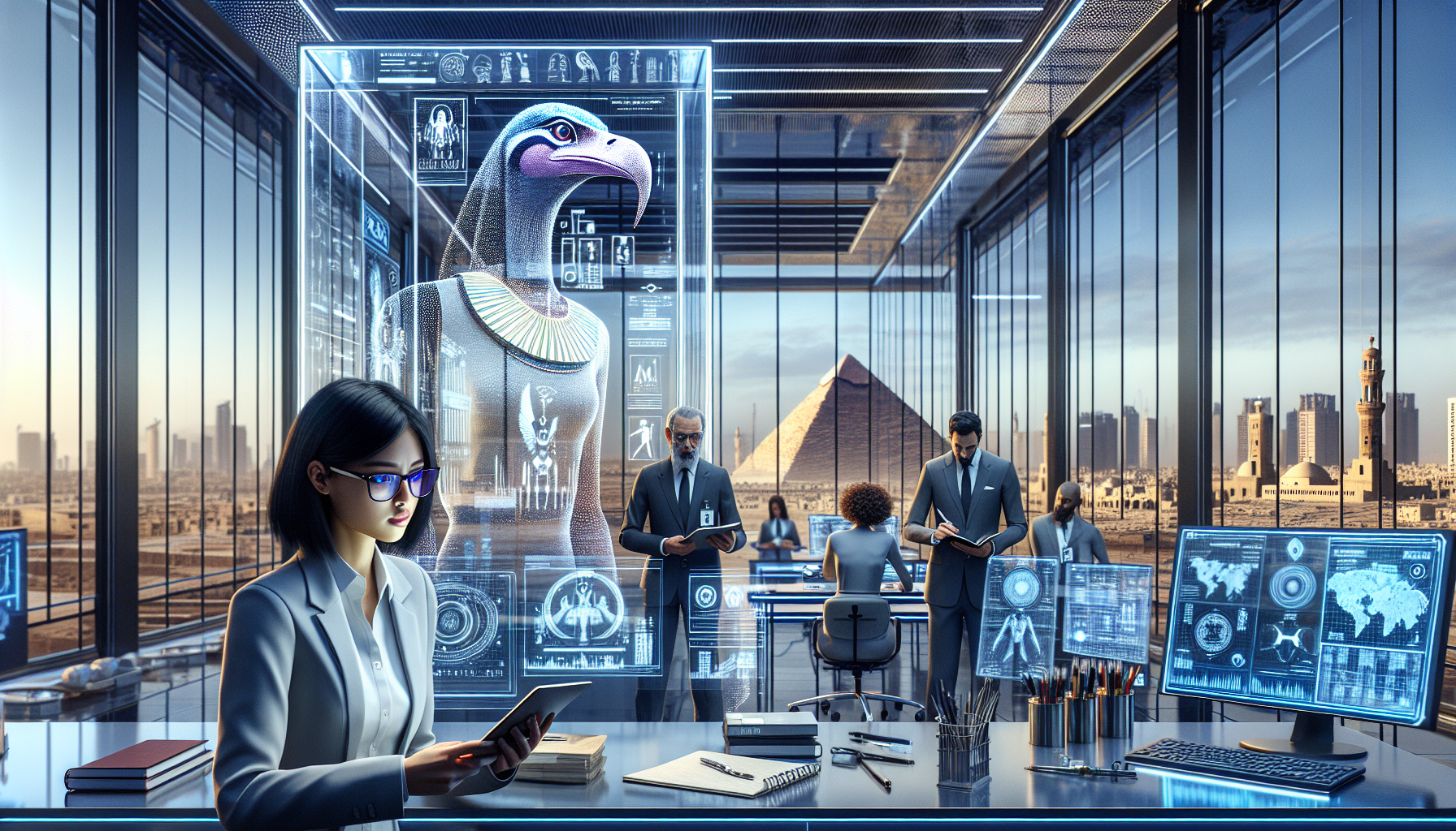 A global map forms the Eye of Horus, illustrating THOTH's influence on technological hubs.