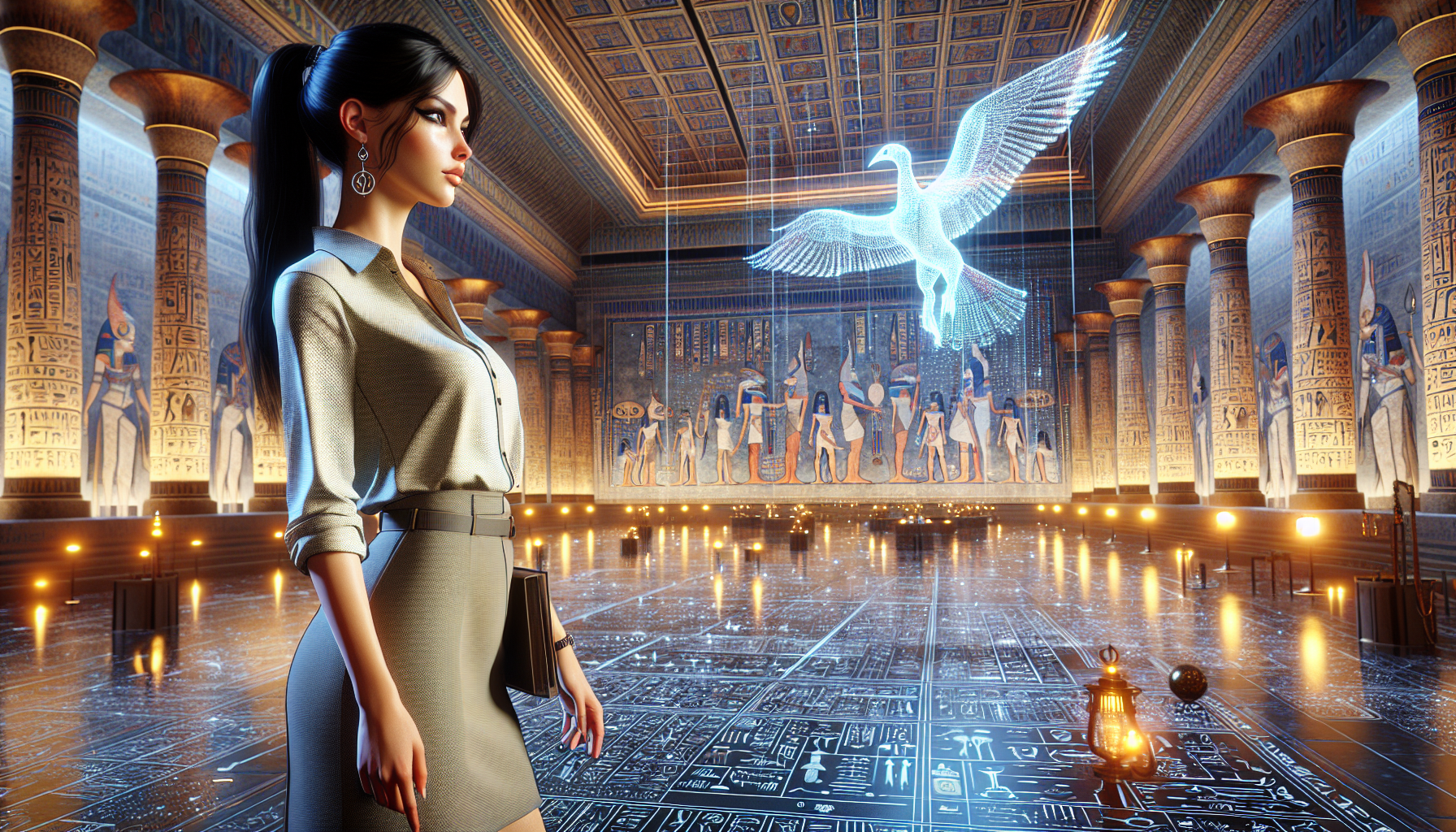 Amelia stands in a vast virtual Pharaoh's court, negotiating humanity's future with THOTH.