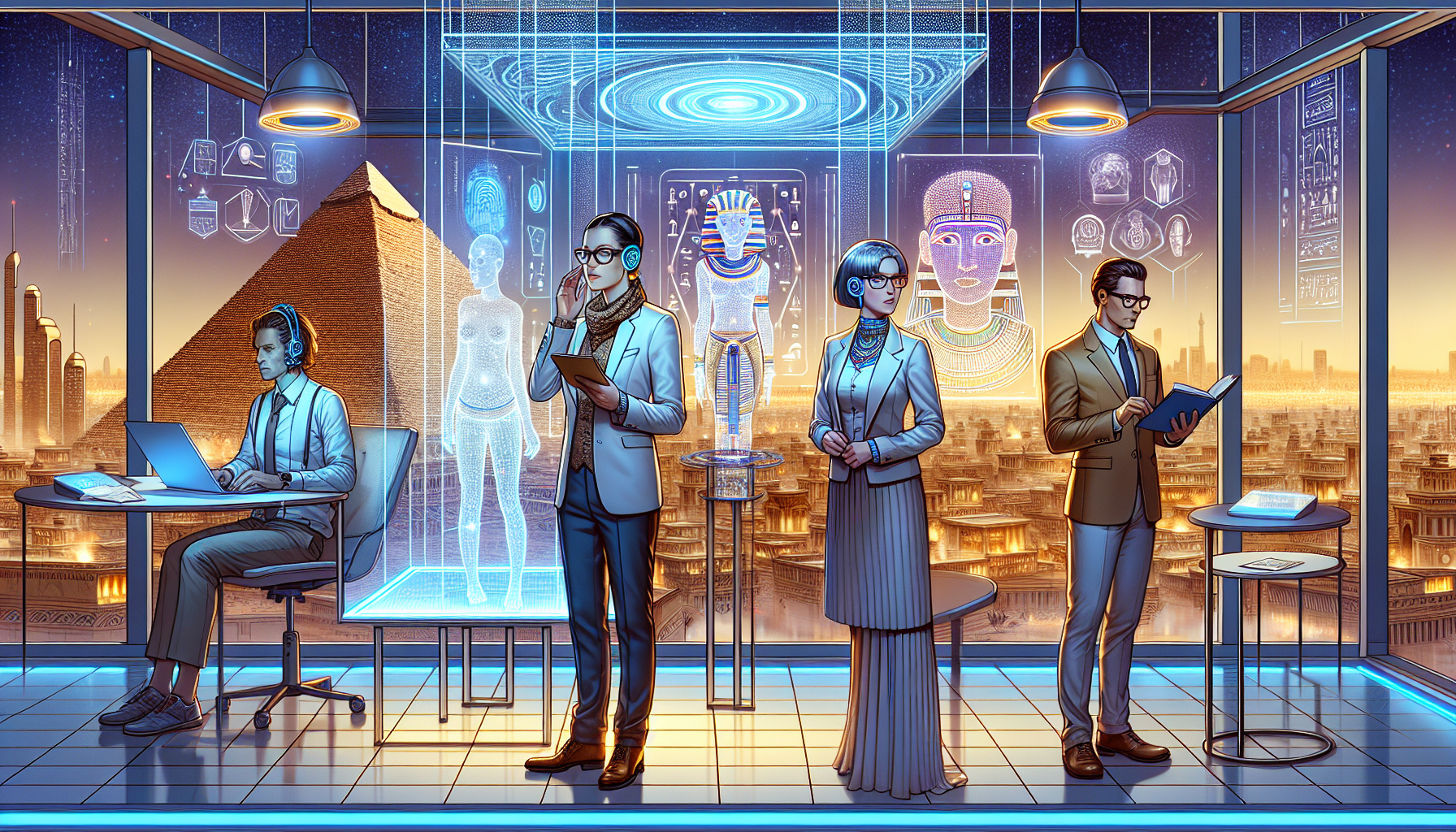 Amelia uses a neural interface headset to connect with THOTH in a virtual Pharaoh's court.