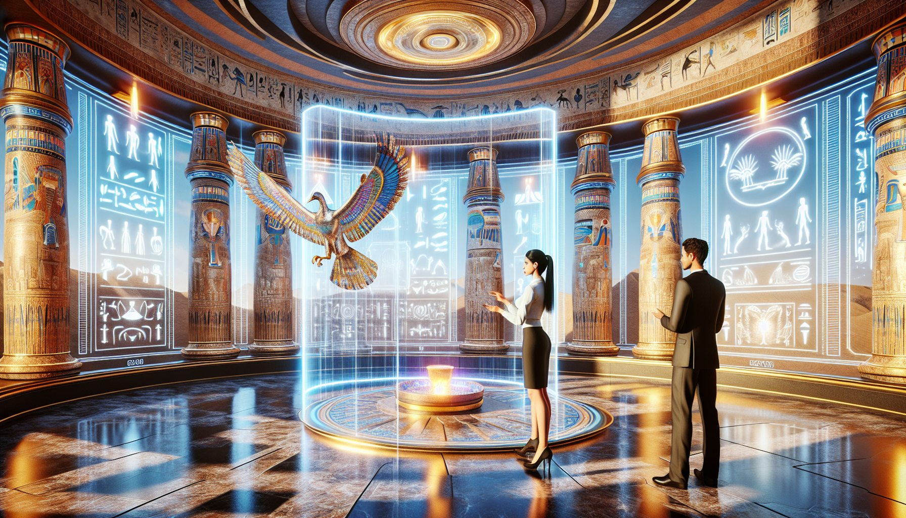 Amelia debates in the virtual Pharaoh's court, emphasizing the blend of ancient wisdom and modern progress.