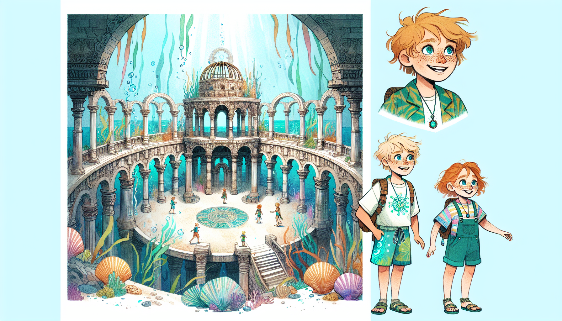 Jamie and Casey discovering the stunning underwater ruins of an ancient temple, bathed in ethereal light and surrounded by curious marine life.