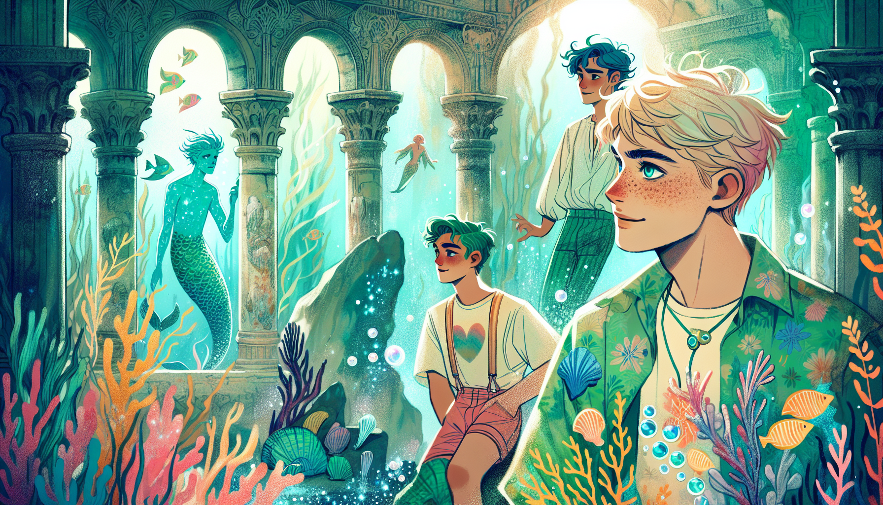 Jamie and Casey mesmerized by the singing Mermaid on her coral throne in the heart of the underwater ruins, surrounded by her enchanting melody.