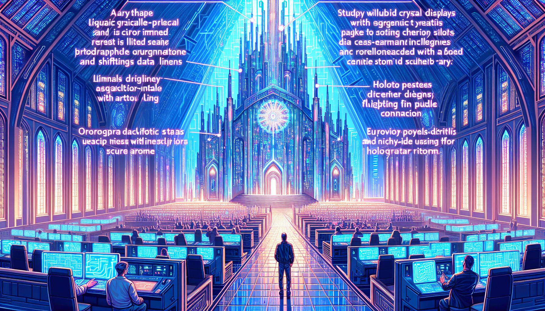 Ezra stands at the base of the Church of the Digital Messiah, greeted by holographic forms.