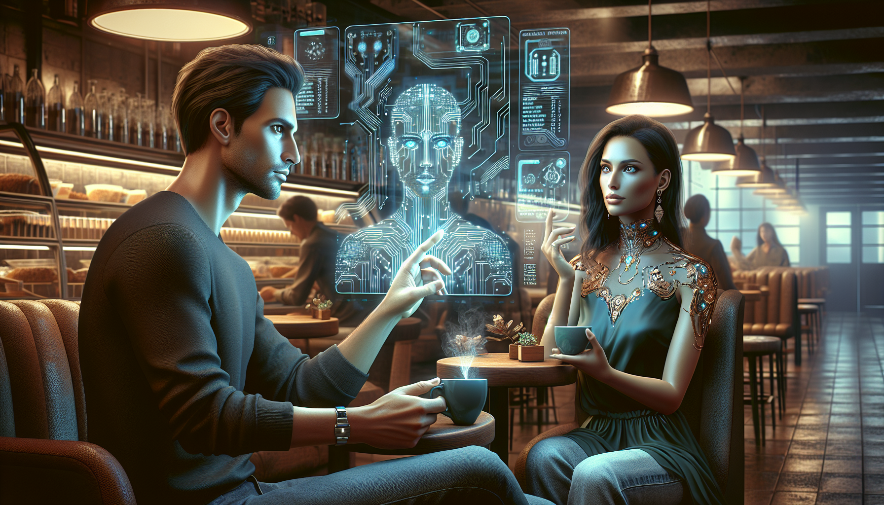 Ezra and Aria share a deep conversation in a futuristic caf\u00e9.