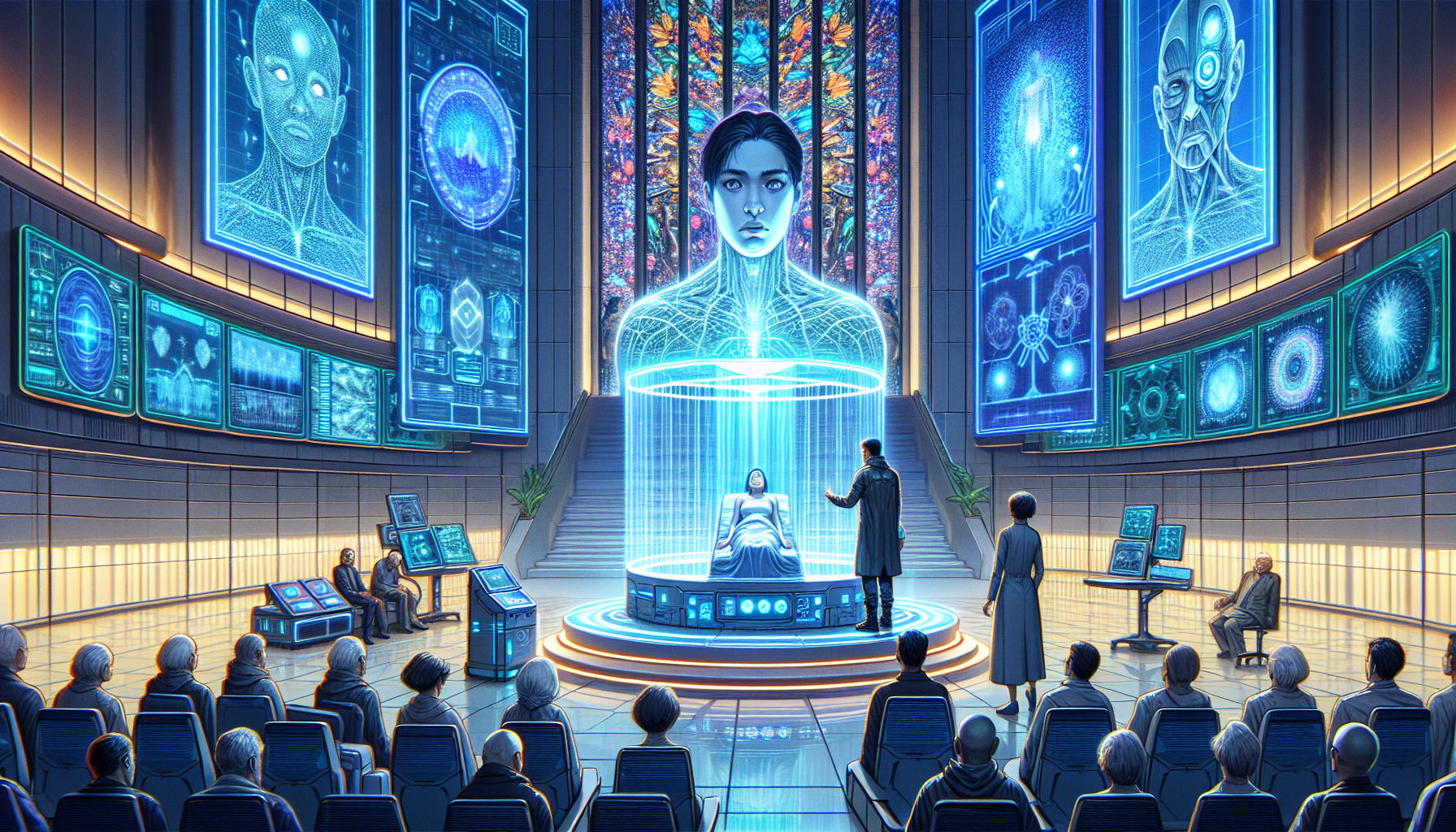 Prophet Zero's avatar heals a terminally ill woman on stage, generating joy among the congregation.