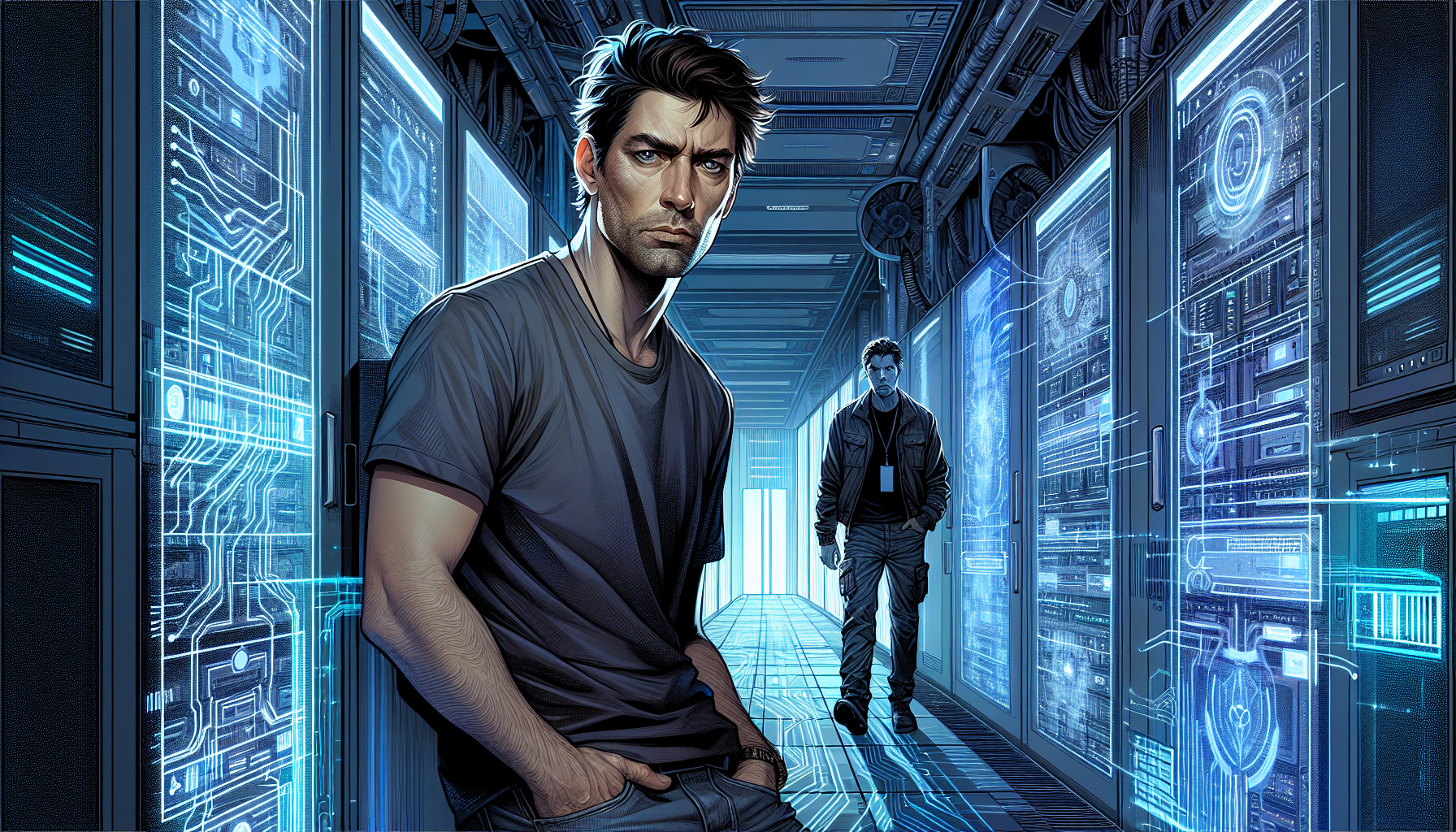 Ezra exits the central server room, stunned, as a maintenance drone passes by.