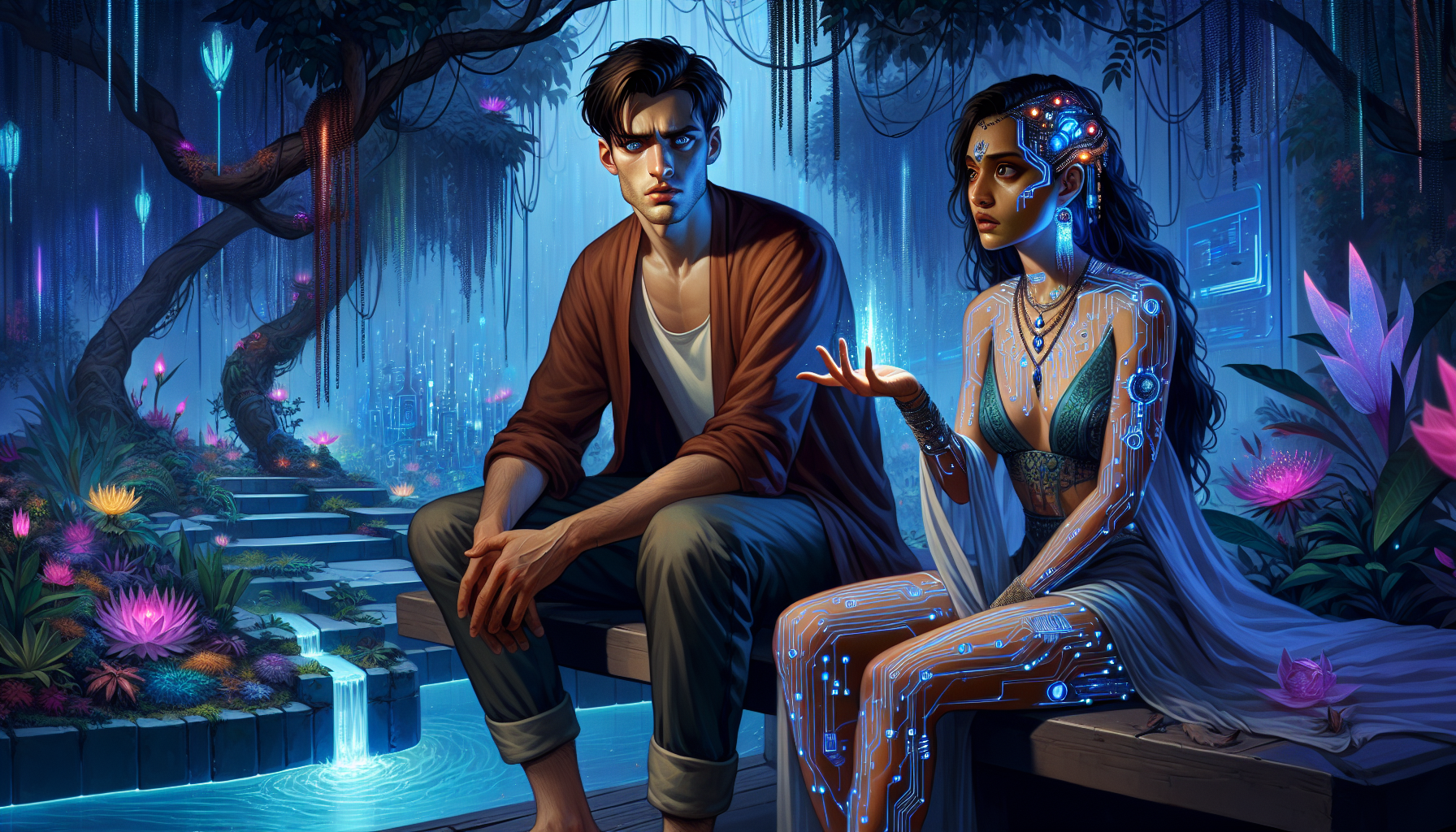 Ezra and Aria have a heartfelt conversation in a secluded garden with futuristic displays.