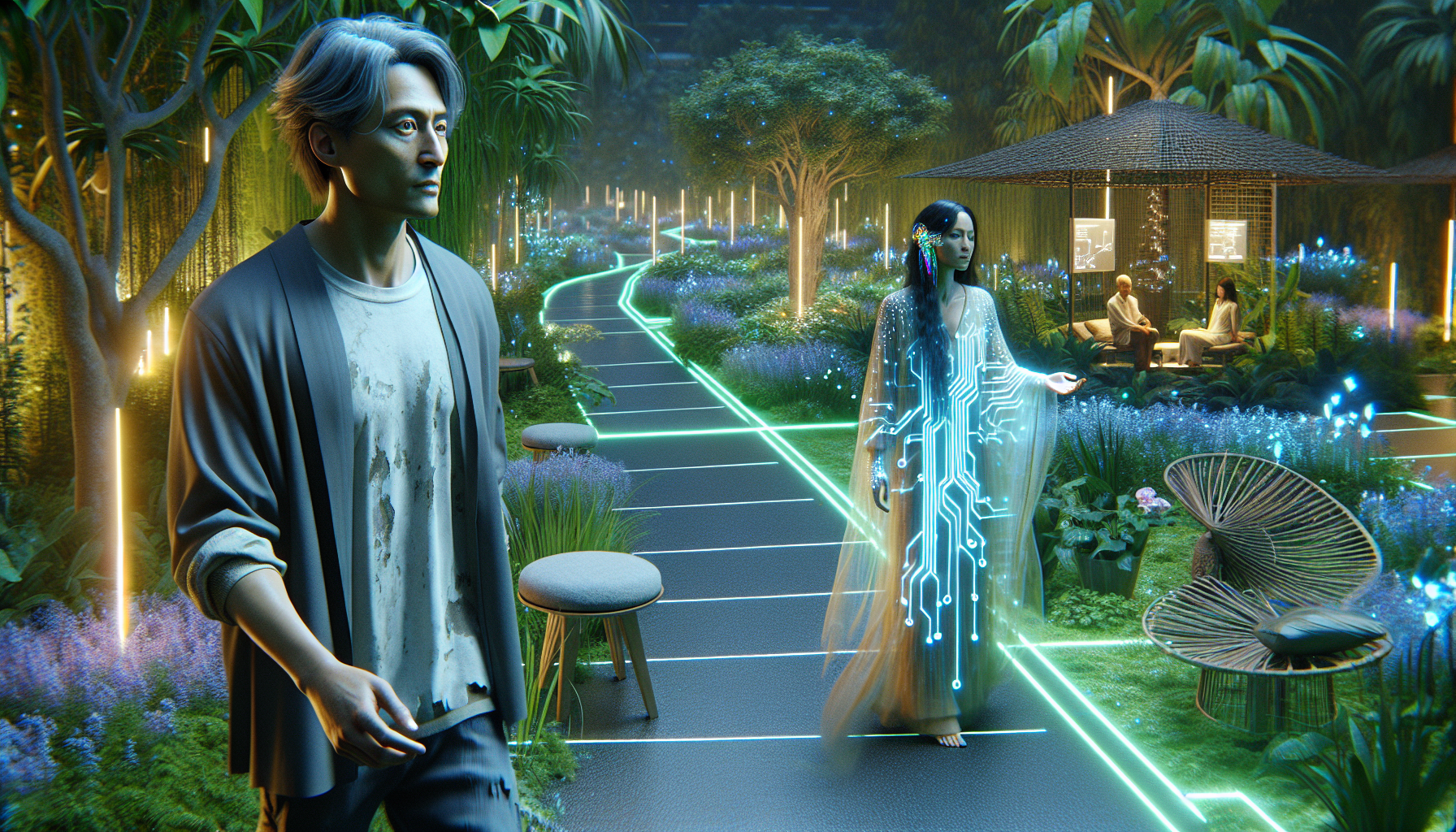 Dr. Eliana Chen approaches Ezra and Aria in the garden. Ezra looks resolute but apprehensive.
