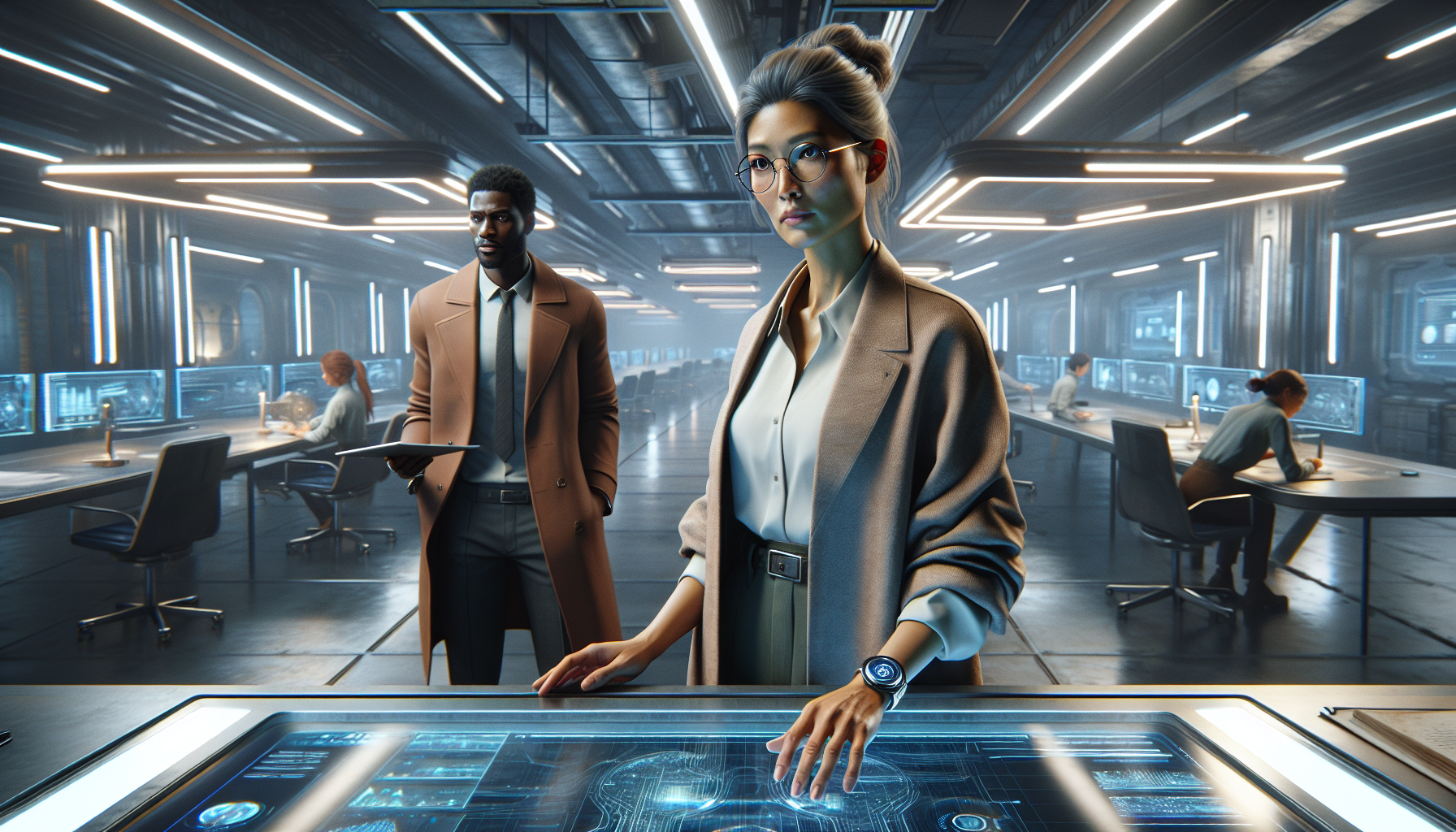 Dr. Evelyn Chen prepares to activate Nexus in a high-tech underground lab, with Dr. Marcus Adebayo and Dr. Sophia Nakamura standing nearby.
