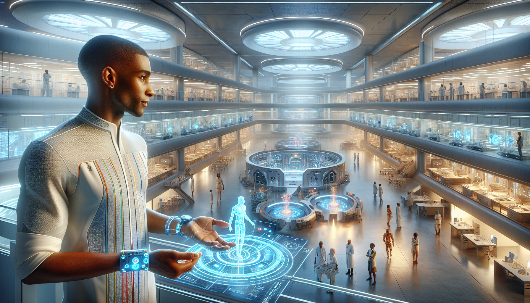 Nexus introduces itself to the team in a lab filled with holographic displays and quantum processors, and Dr. Marcus Adebayo eagerly interacts with it.