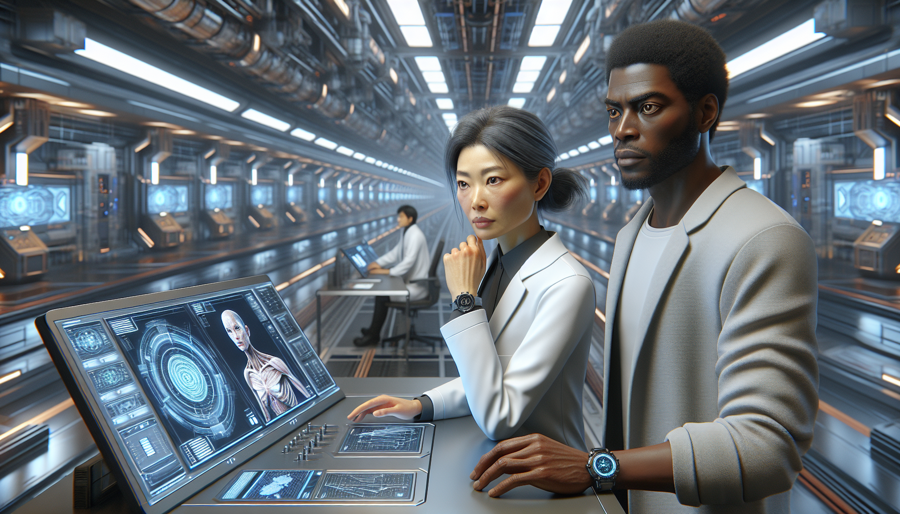 Dr. Evelyn Chen and Dr. Marcus Adebayo examine unusual data anomalies in the lab.