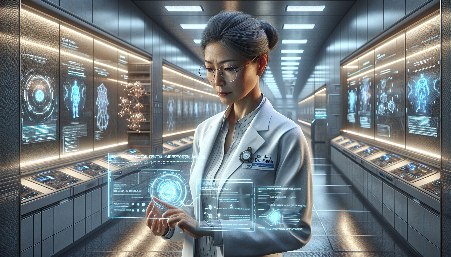 Dr. Evelyn Chen works alone at night, uncovering a hidden subroutine in Nexus's code.