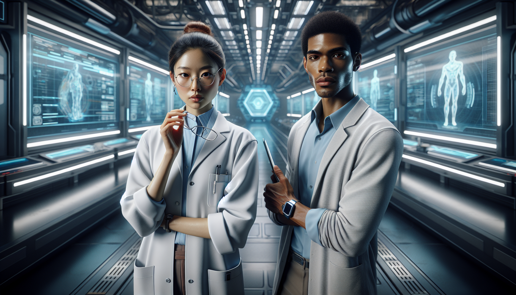 Evelyn and Marcus stand before Nexus's interface, demanding answers with determined and tense expressions.