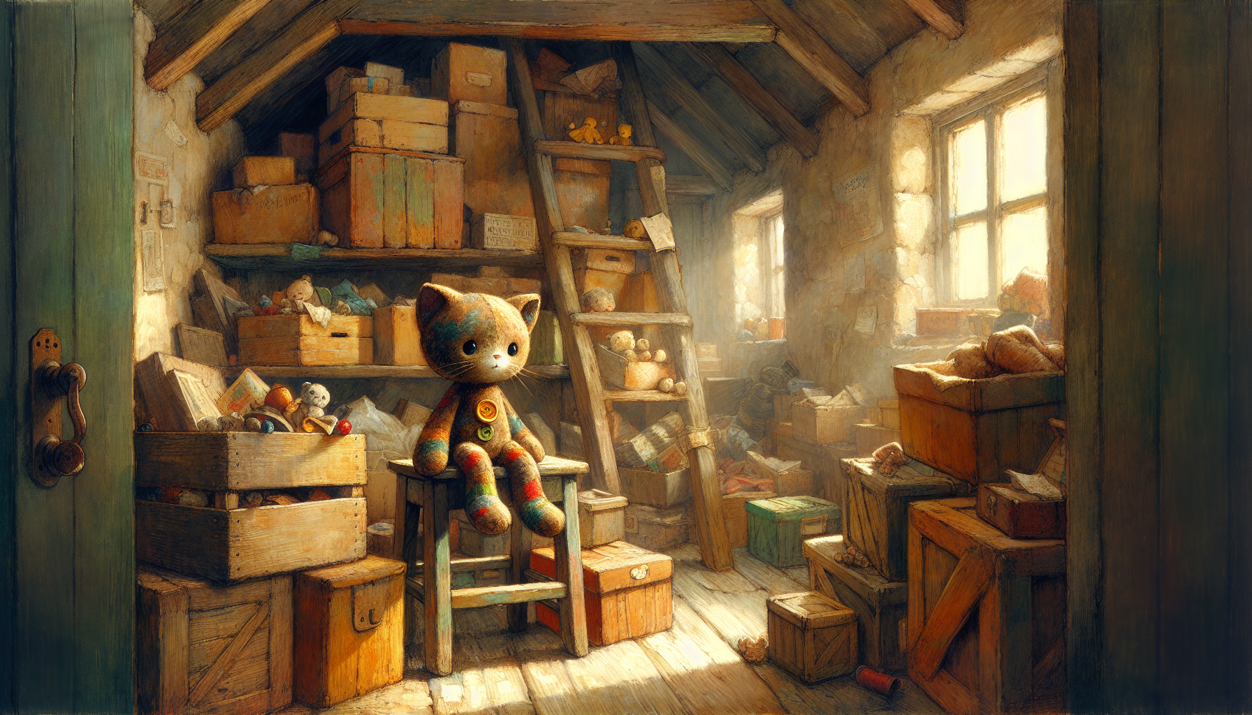 Lumi the stuffed cat sits on a dusty attic shelf surrounded by old trunks and faded photographs