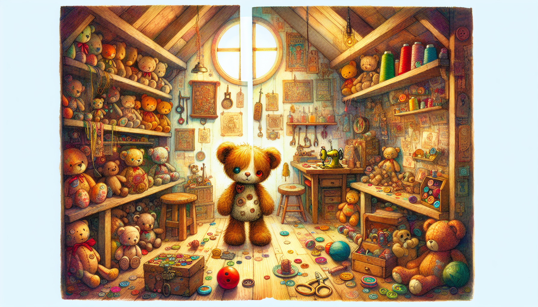 Lumi enters a brightly lit room filled with toys repairing and painting each other