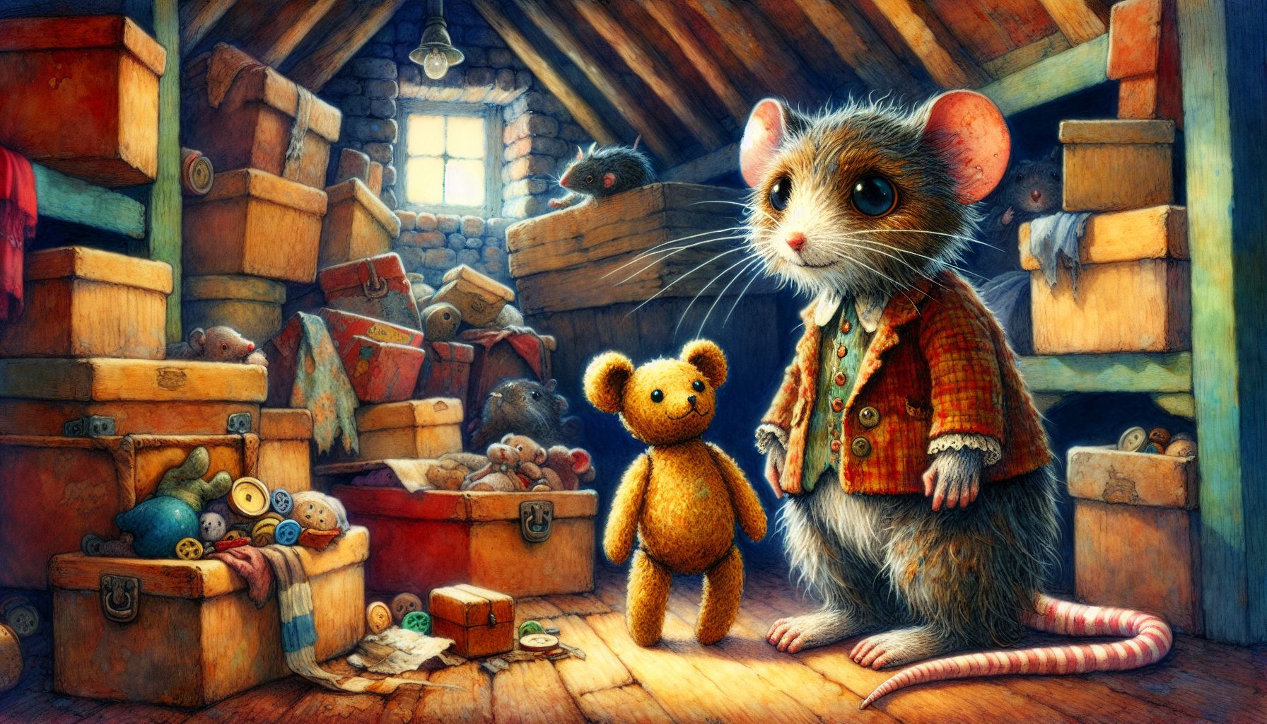 Lumi confronts the Attic Rat, who is holding a tattered teddy bear in the attic corner