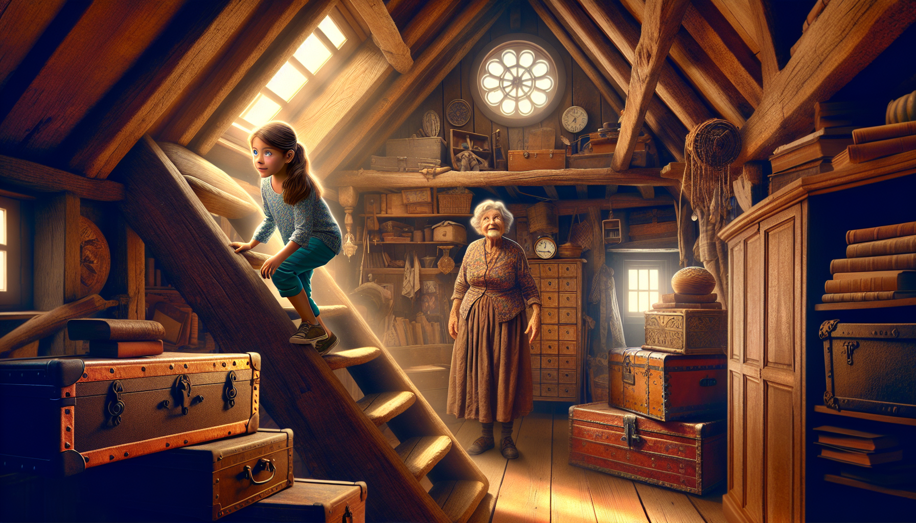 Mia climbs the stairs to the attic where her grandmother is sorting through old boxes.