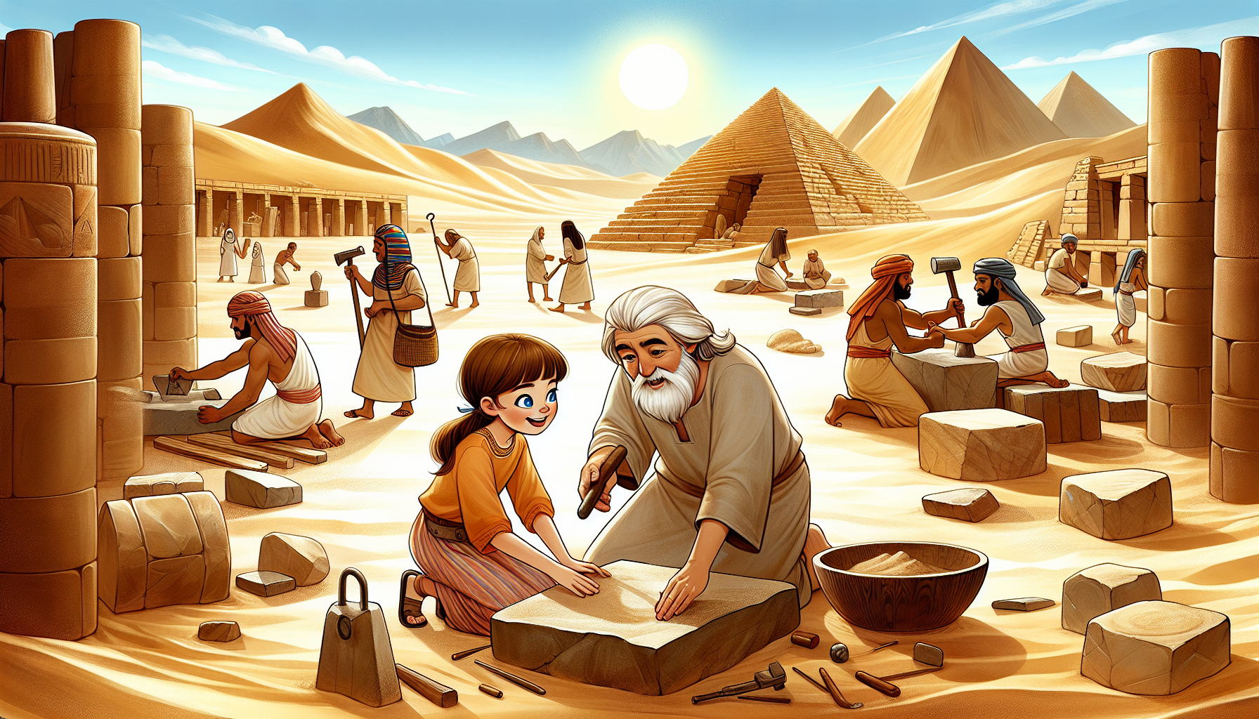 Mia learns to shape limestone blocks under the guidance of an elderly Egyptian man.