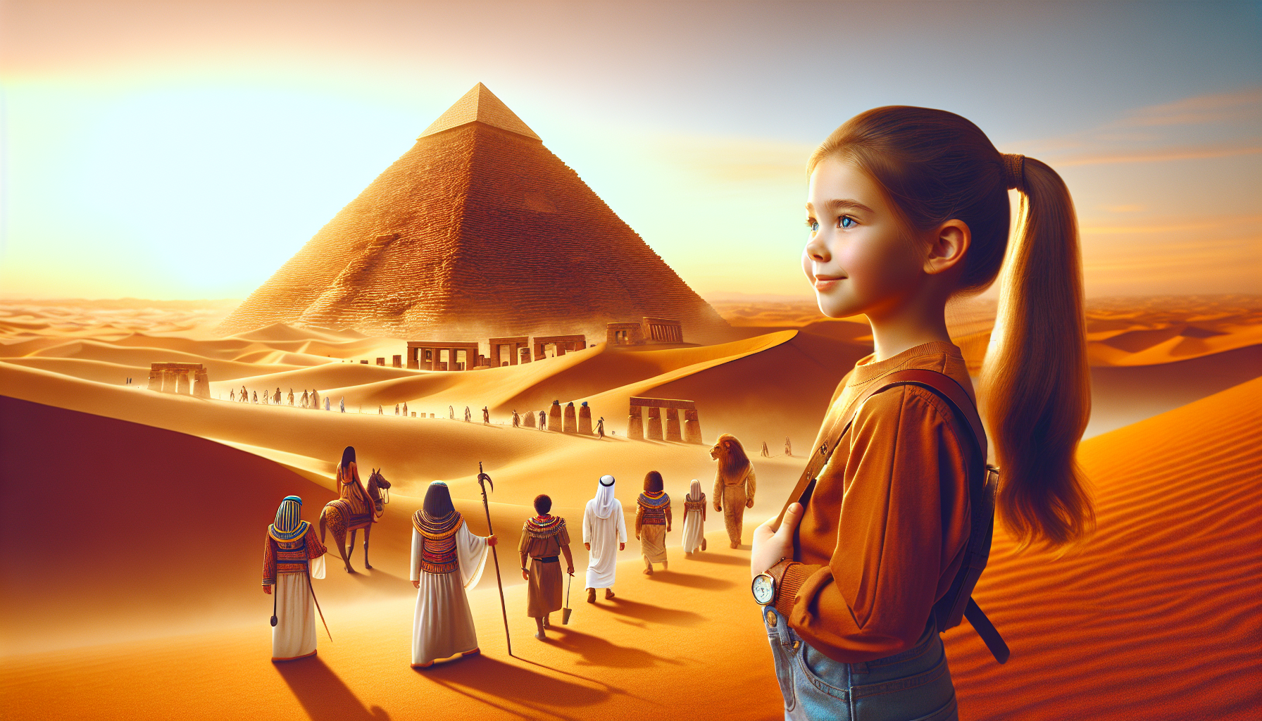 Mia admires the pyramid at sunset, reflecting on lessons of teamwork and legacy.