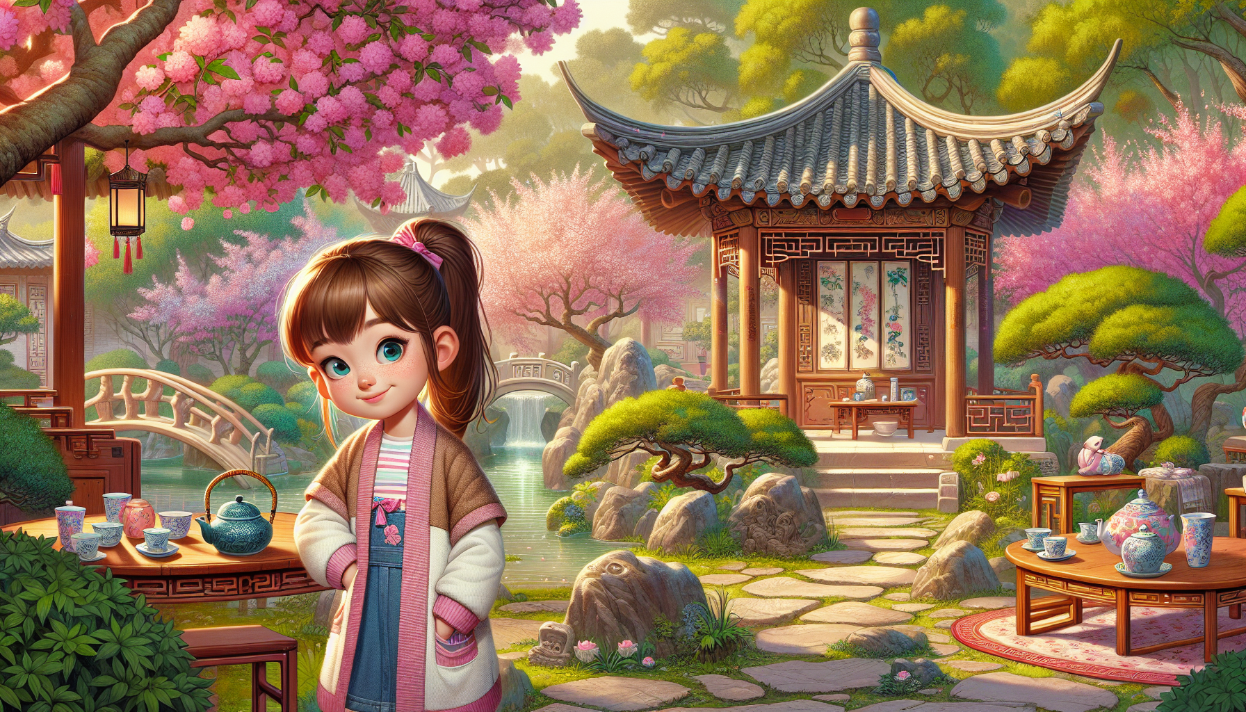 Mia stands in a peaceful Tang Dynasty garden meeting Mei Ling, the tea master.